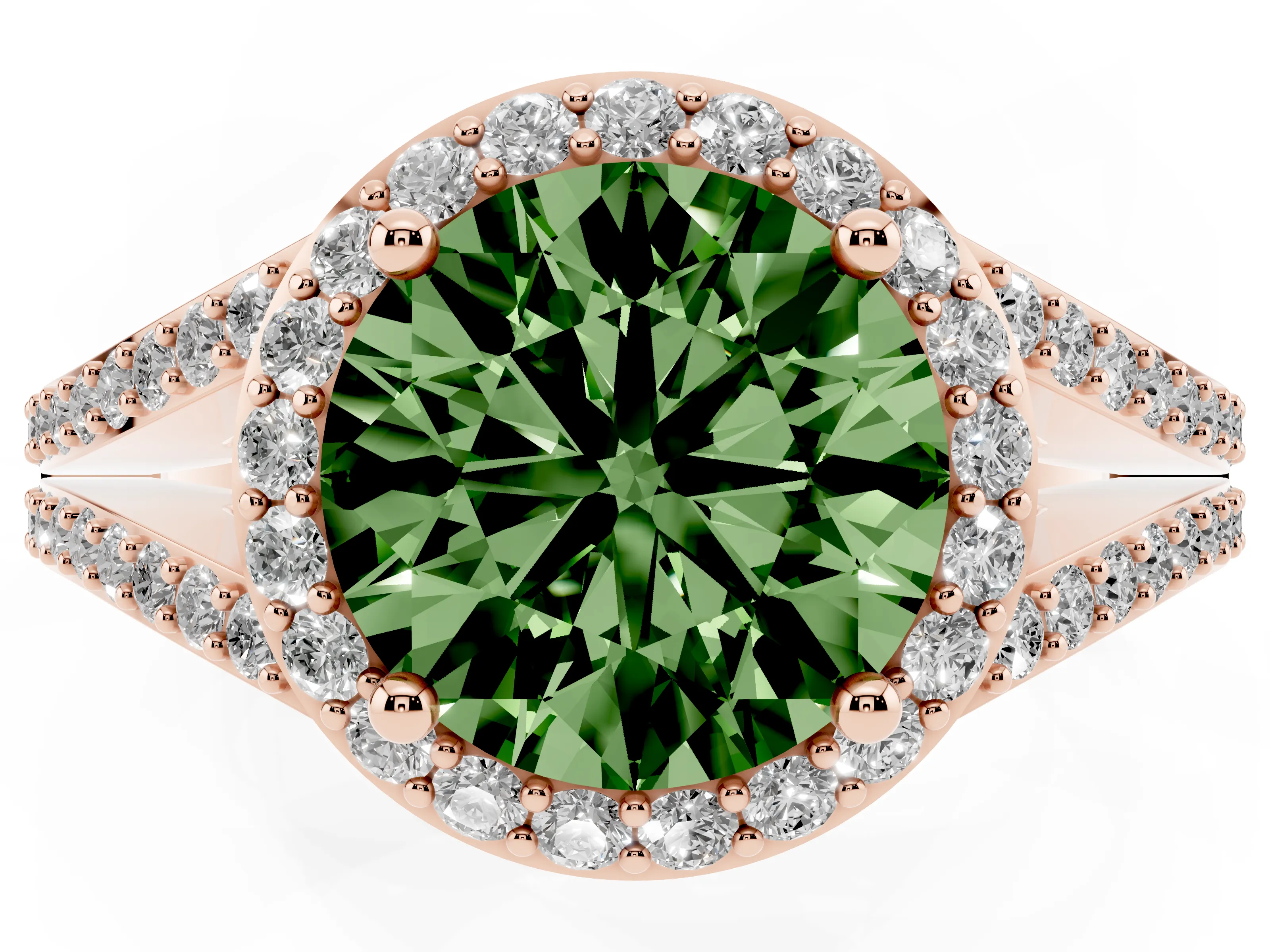 Fancy Green Round Cut Diamond Halo Split Shank Pavé Ring Set in Rose gold with Prong Setting