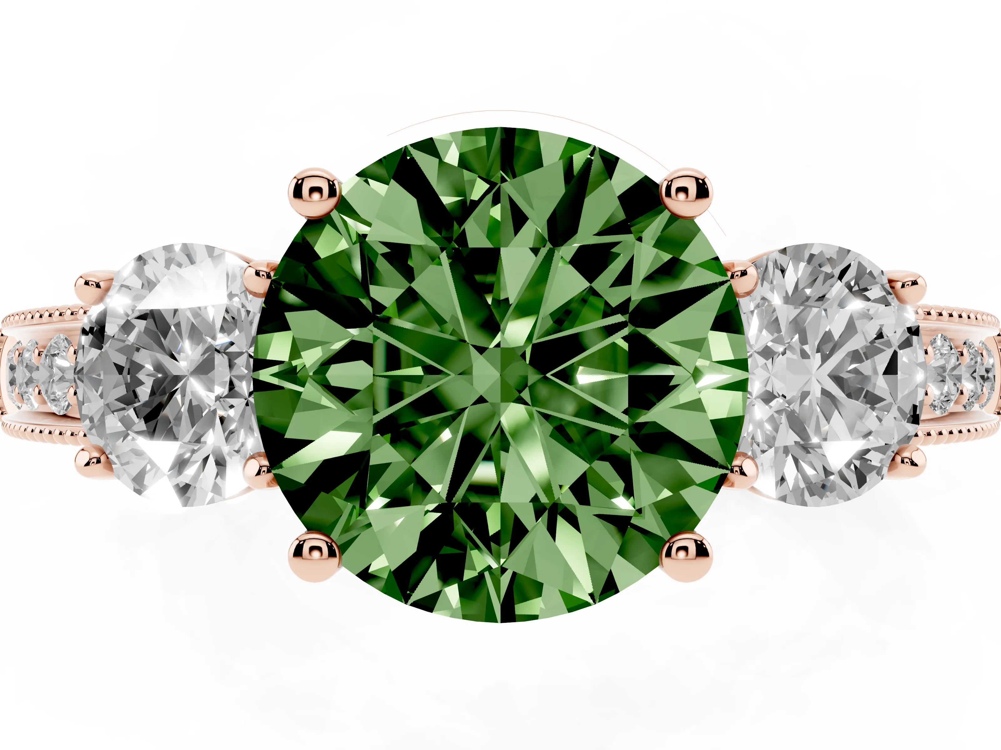 Fancy Green Round Cut Diamond Three-Stone Ring Set in Rose gold with Round Side Stones and Pavé Band