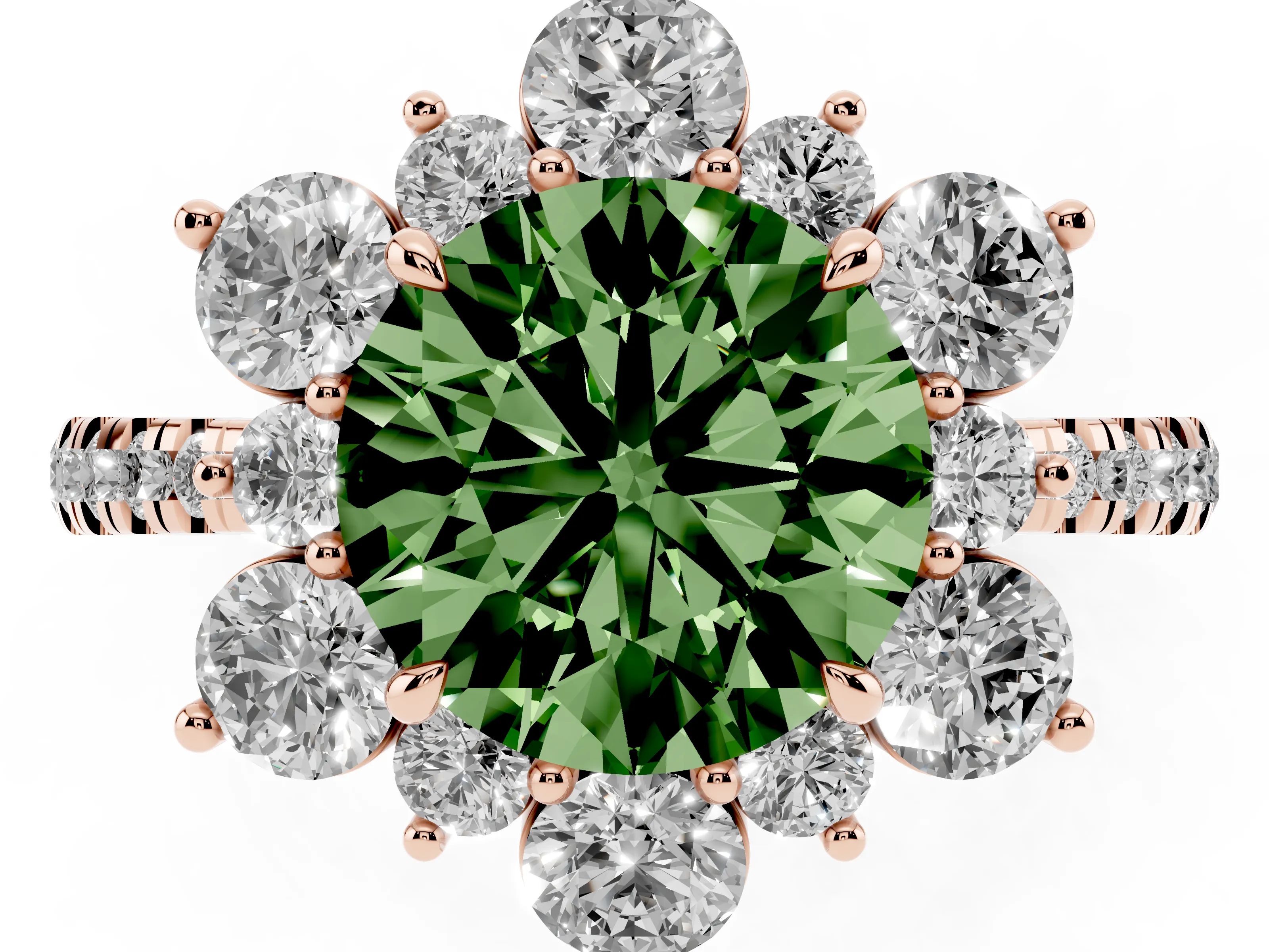Fancy Green Round Cut Diamond Floral Halo Ring Set in Rose gold with Round Pavé Band and Prong Setting
