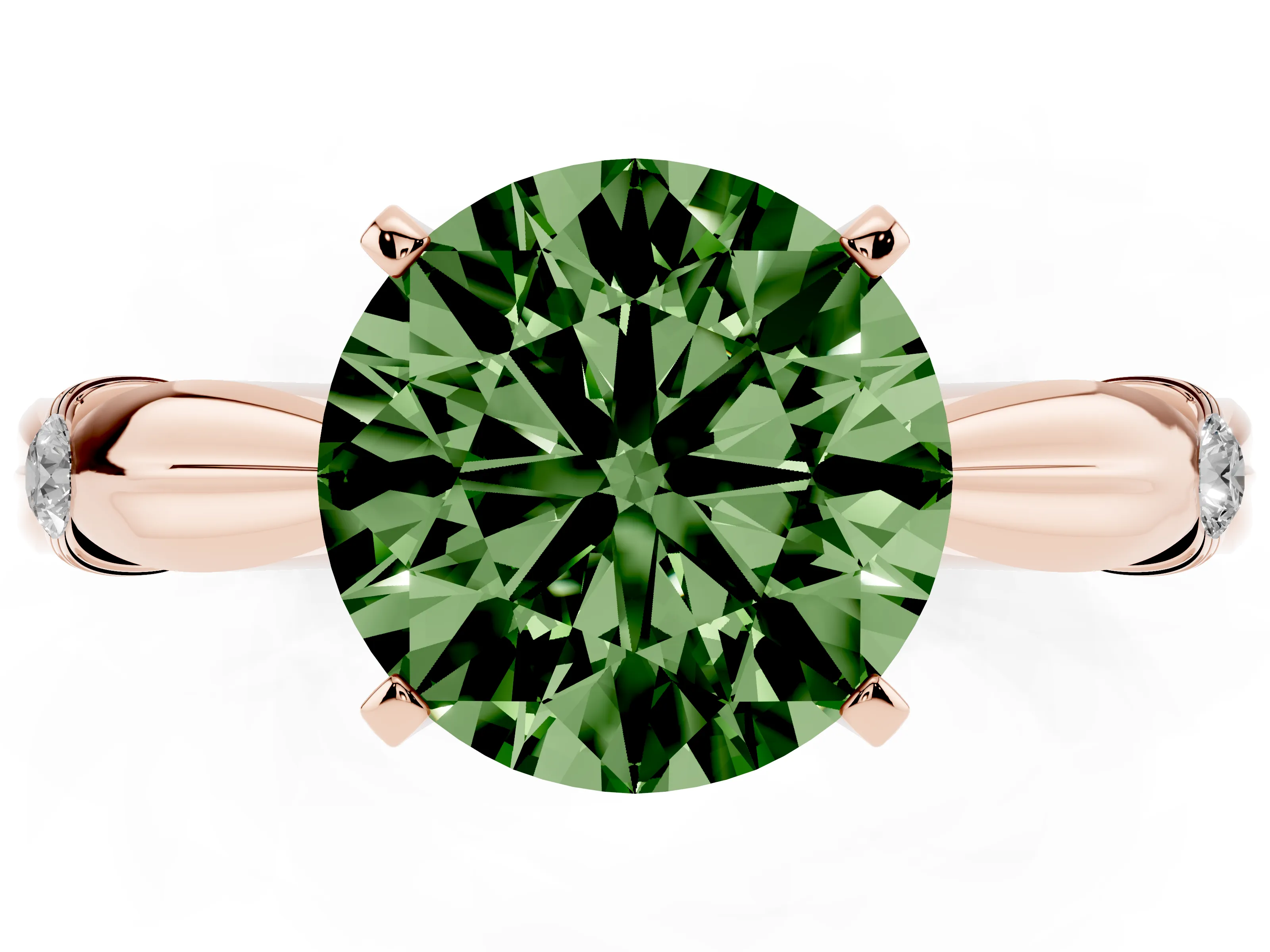 Fancy Green Round Cut Diamond Solitaire Twisted Band Ring Set in Rose gold with Accent Stones and Prong Setting