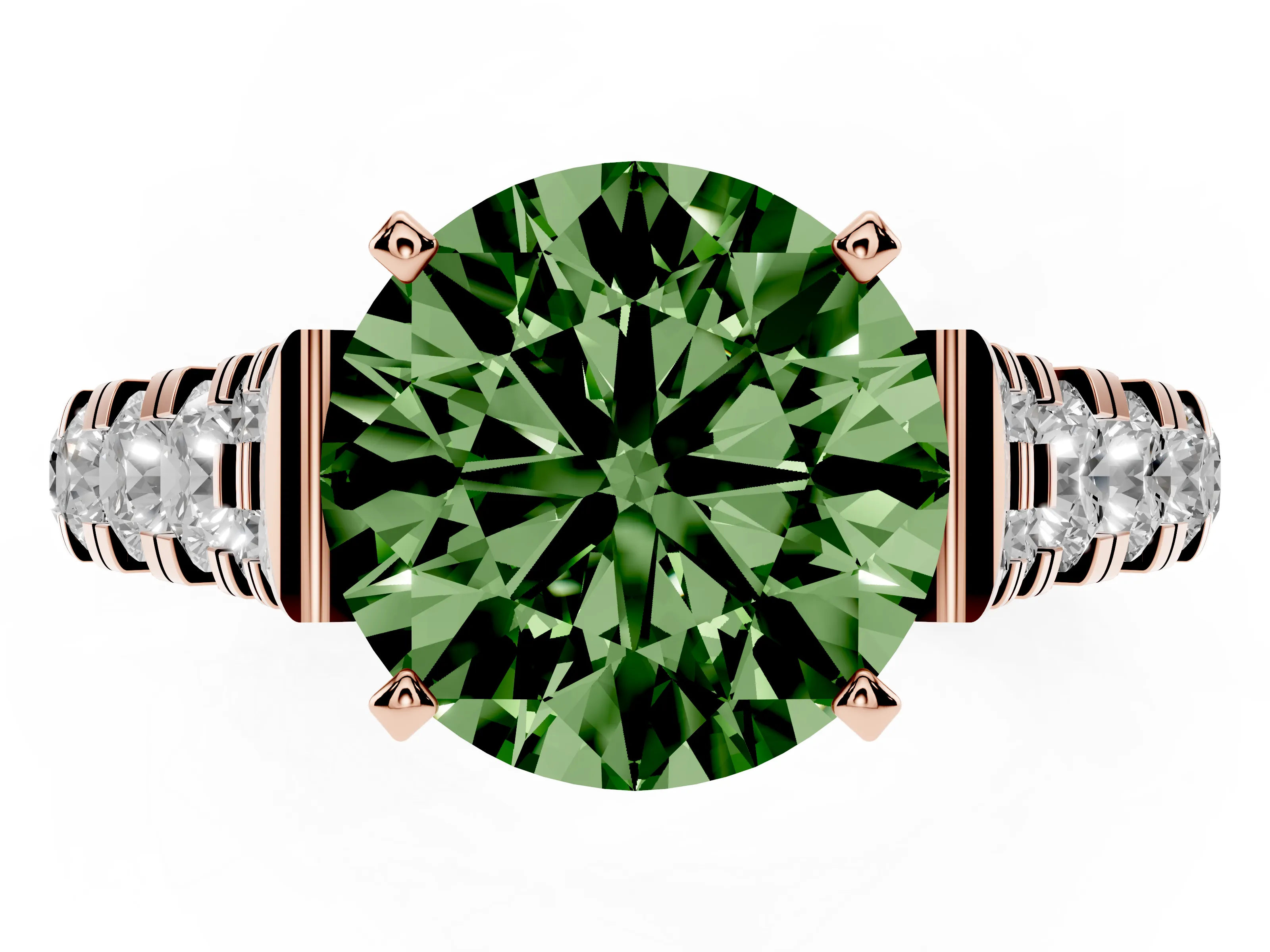 Fancy Green Round Cut Diamond Classic Solitaire Ring Set in Rose gold with Pavé Band and Prong Setting