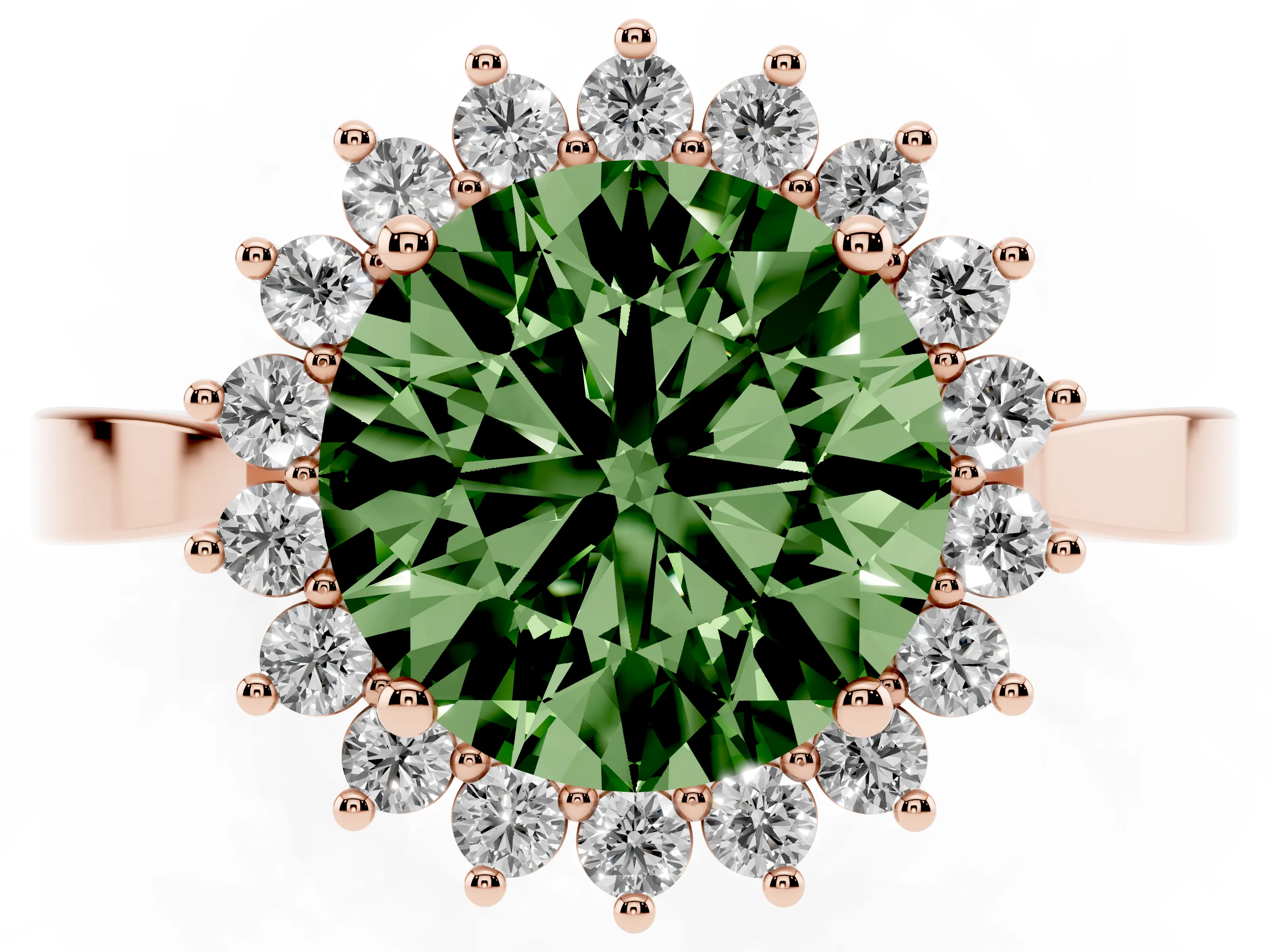 Fancy Green Round Cut Diamond Halo Ring Set in Rose gold with Round Halo and Smooth Solitaire Band