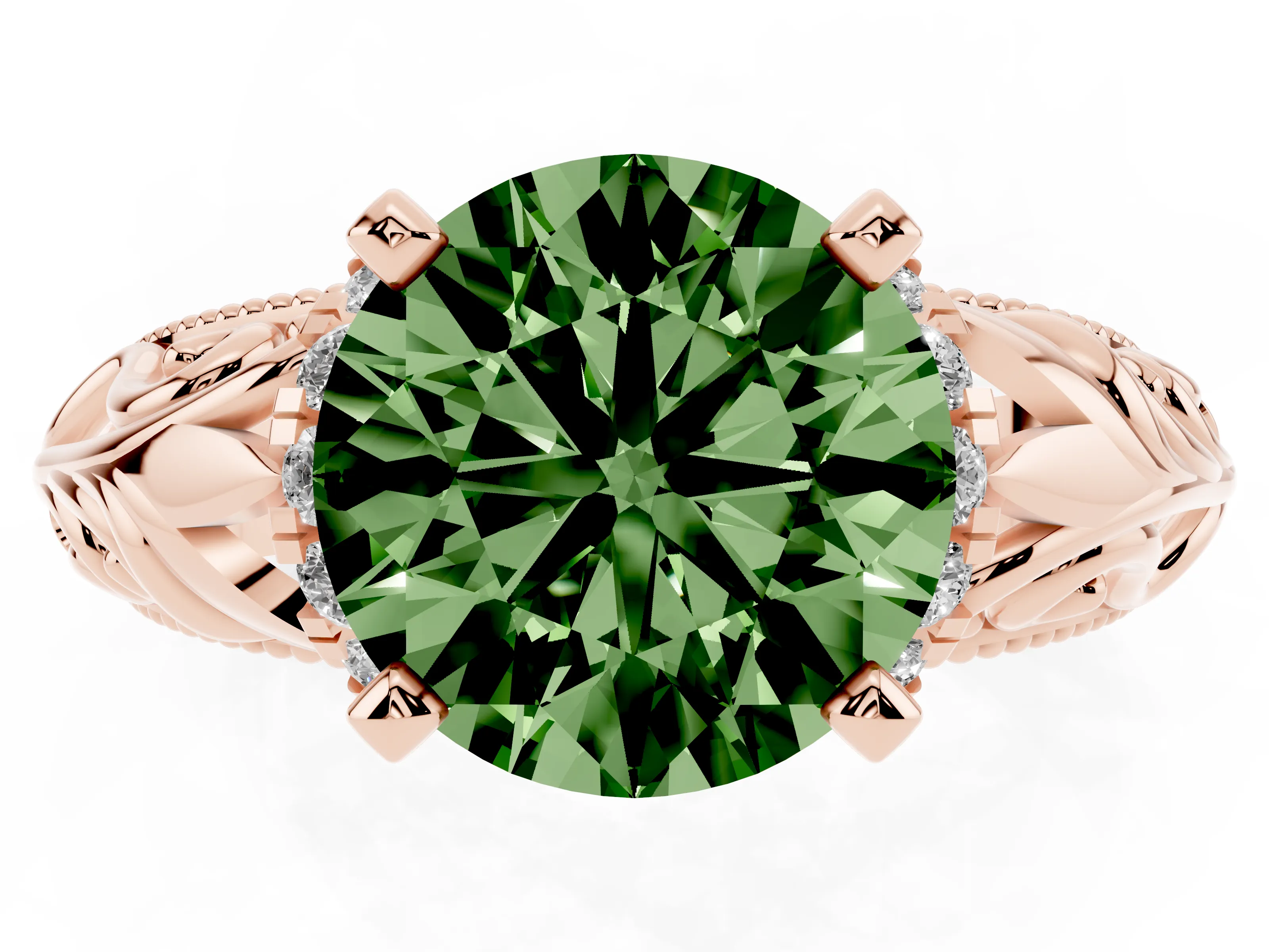 Fancy Green Round Cut Diamond Filigree Halo Engagement Ring Set in Rose gold with Prong Setting