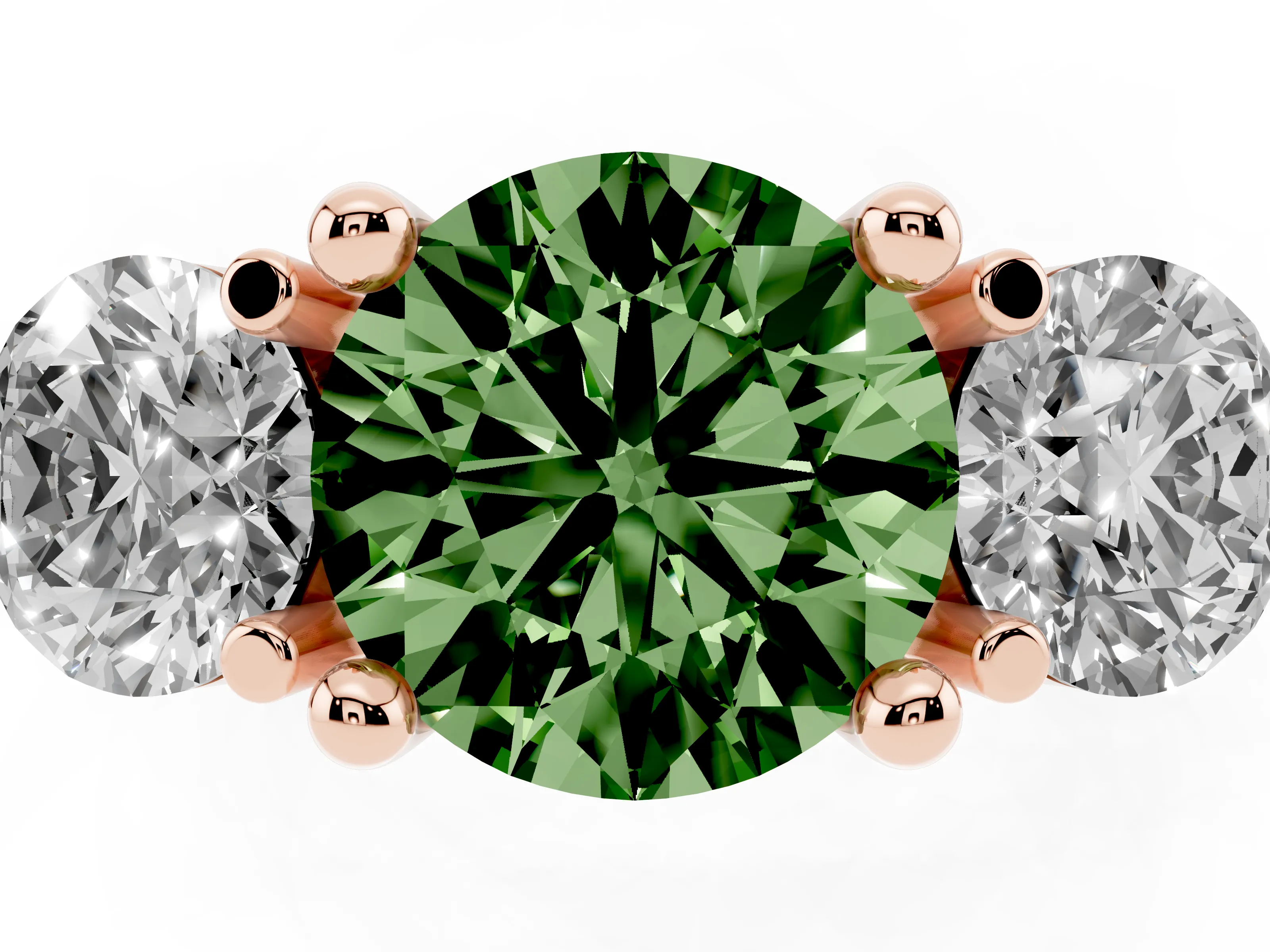 Fancy Green Round Cut Diamond Three-Stone Ring Set in Rose gold with Prong Setting and Classic Band