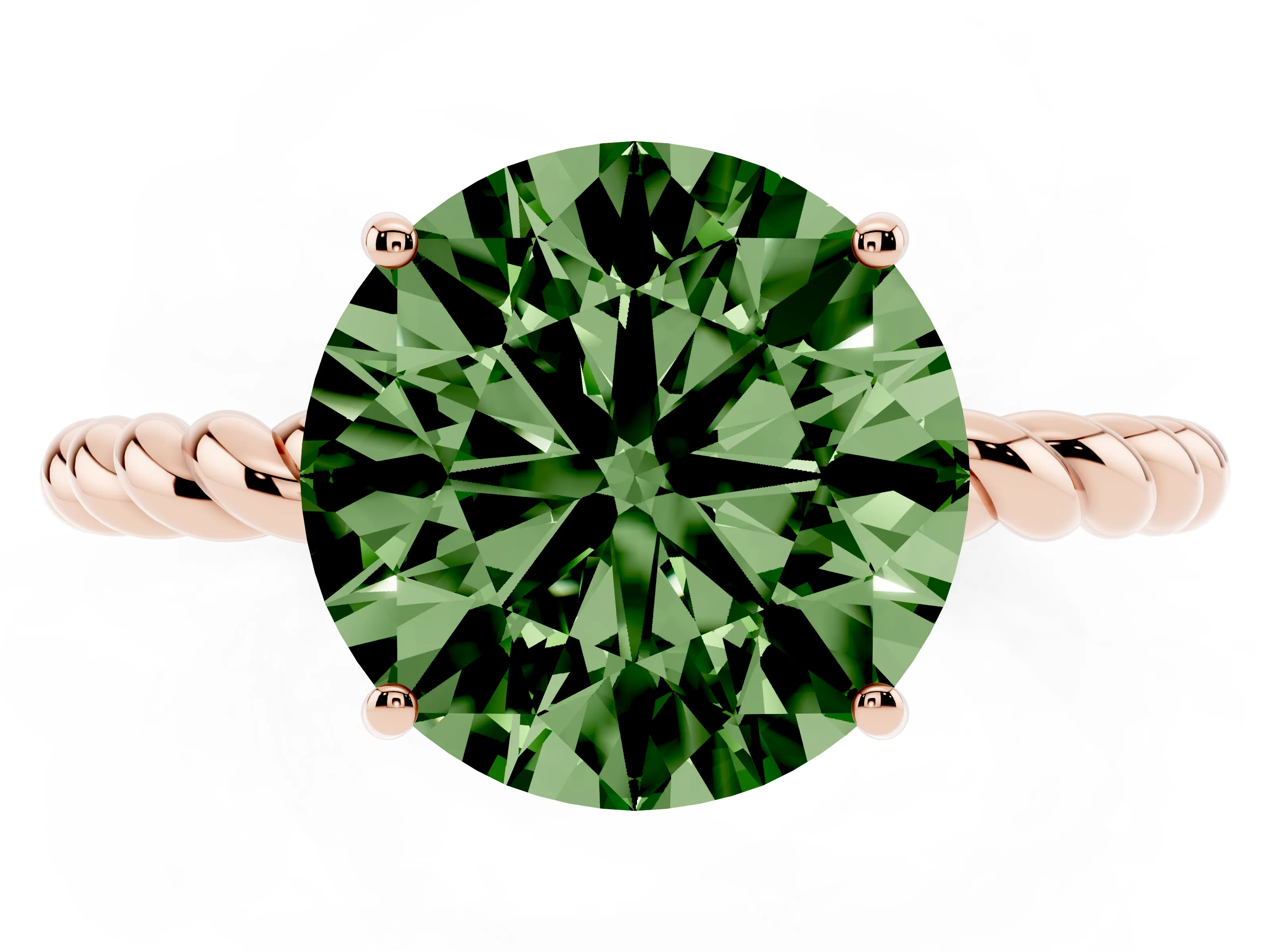 Fancy Green Round Cut Diamond Solitaire Ring Set in Rose gold with Twist Band and Prong Setting