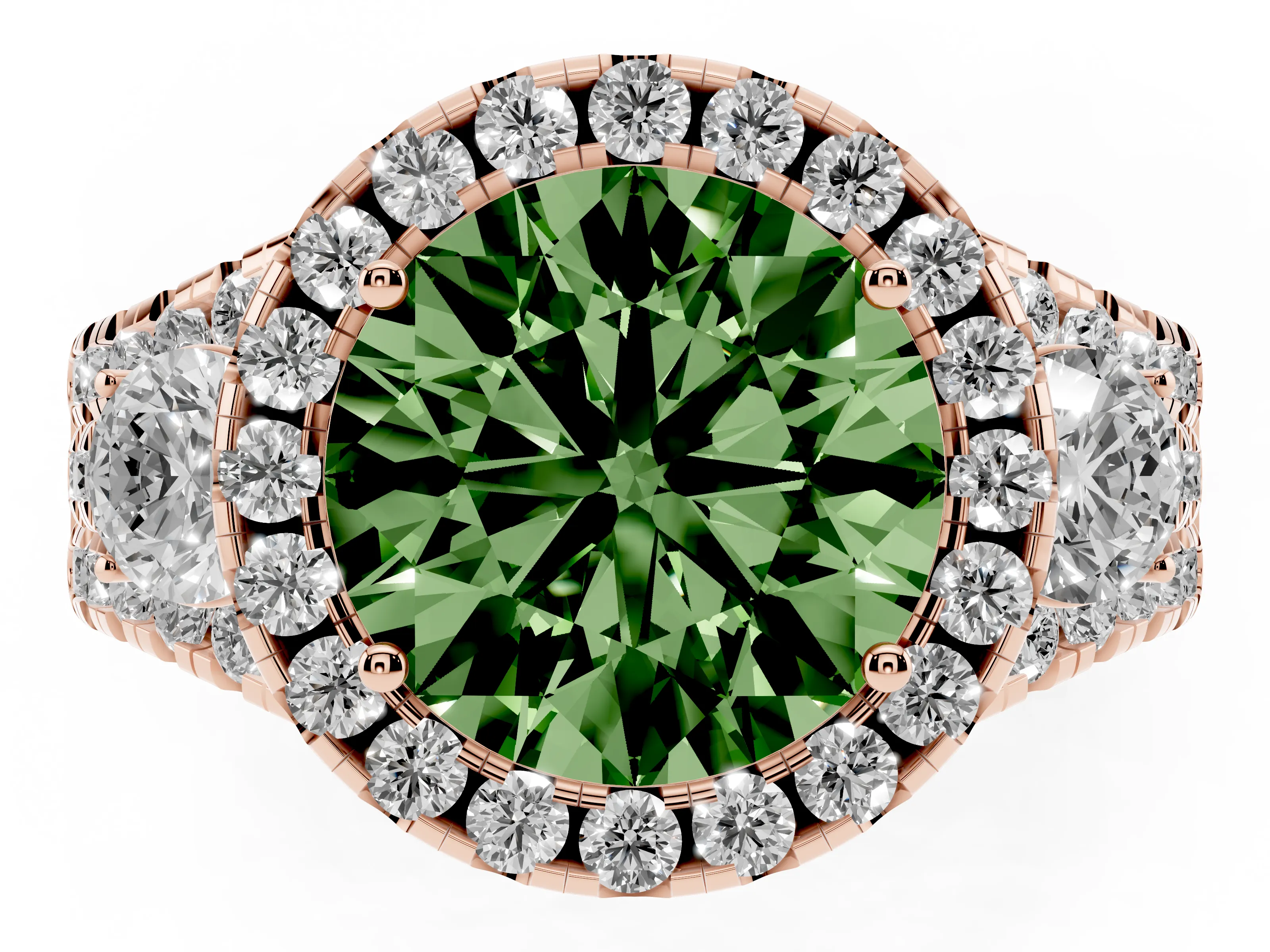 Fancy Green Round Cut Diamond Halo Split Shank Ring Set in Rose gold with Round Accent Stones and Prong Setting