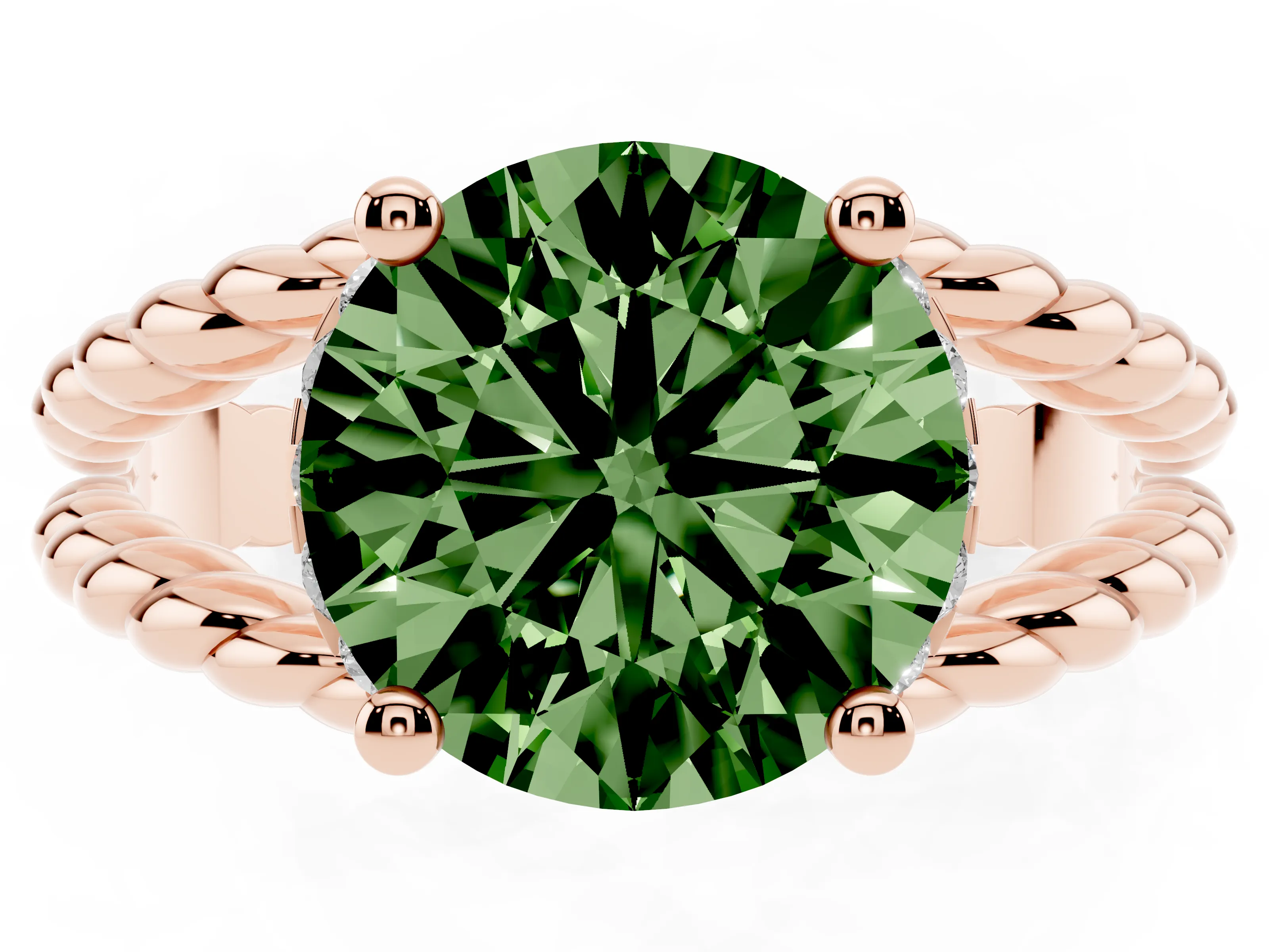 Fancy Green Round Cut Diamond Halo Ring Set in Rose gold with Twisted Band and Prong Setting