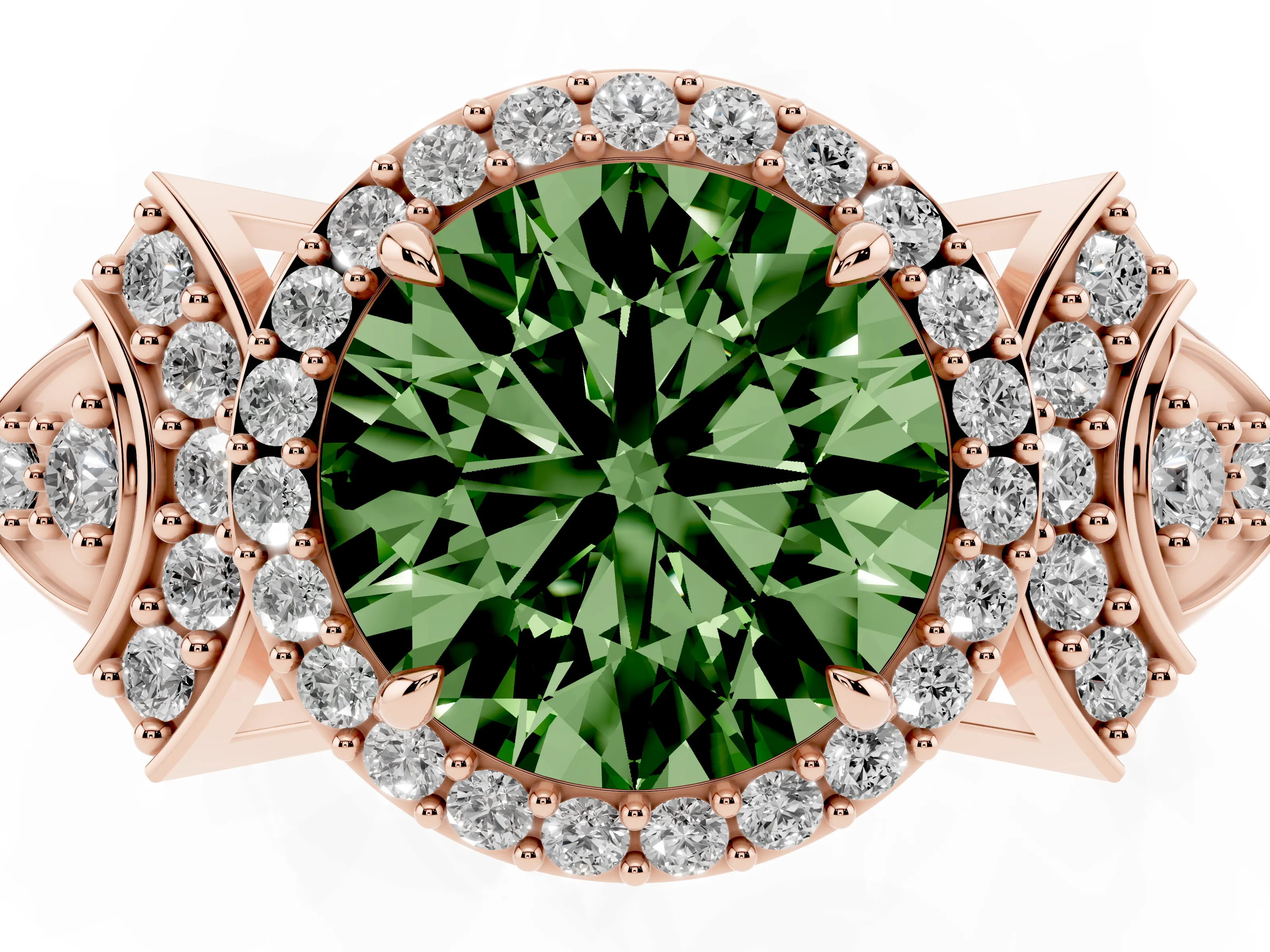 Fancy Green Round Cut Diamond Halo Engagement Ring Set in Rose gold with Accent Stone Split Shank