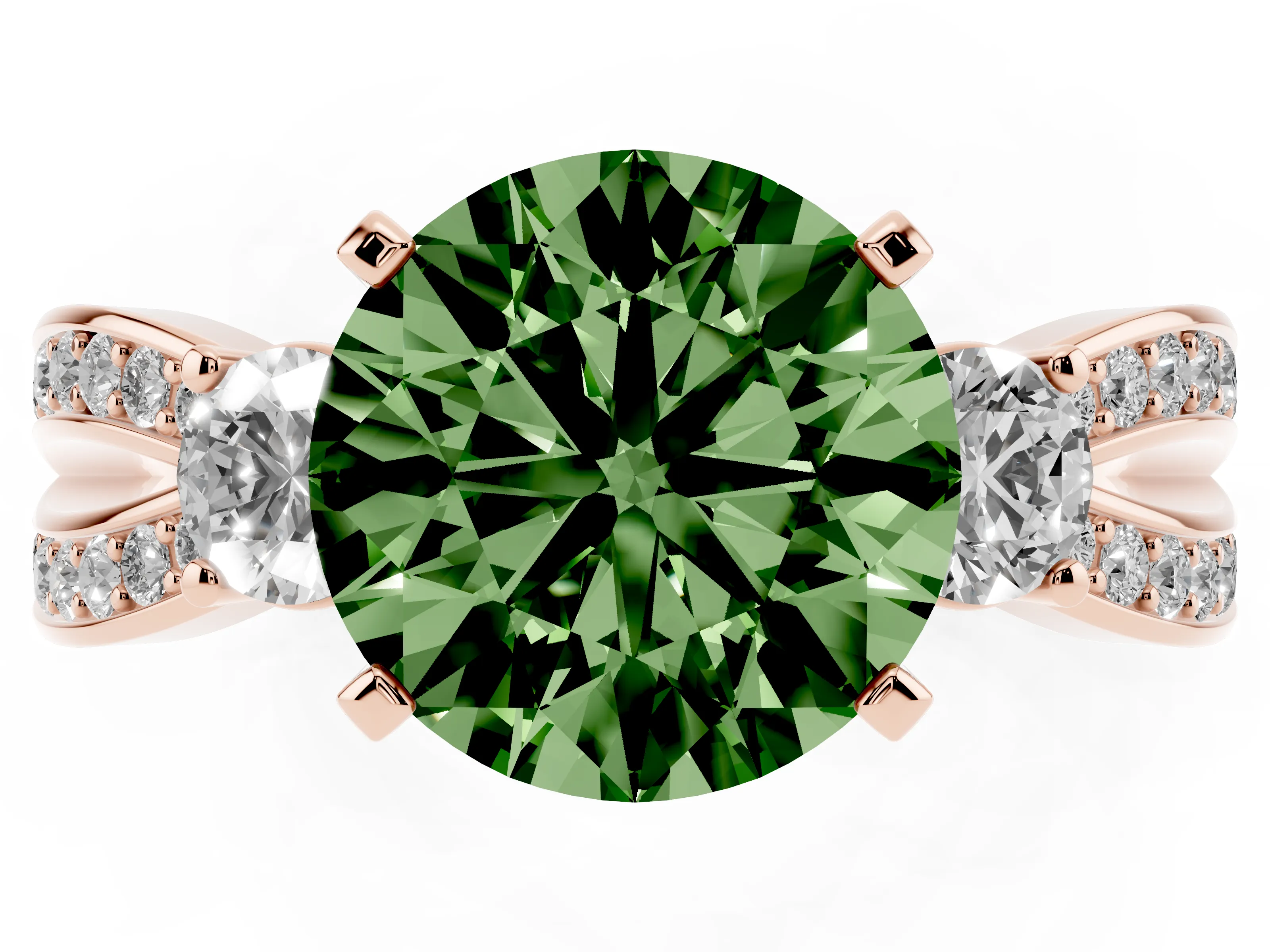 Fancy Green Three-Stone Round Cut Diamond Twist Band Ring Set in Rose gold with Pavé Accents and Prong Setting