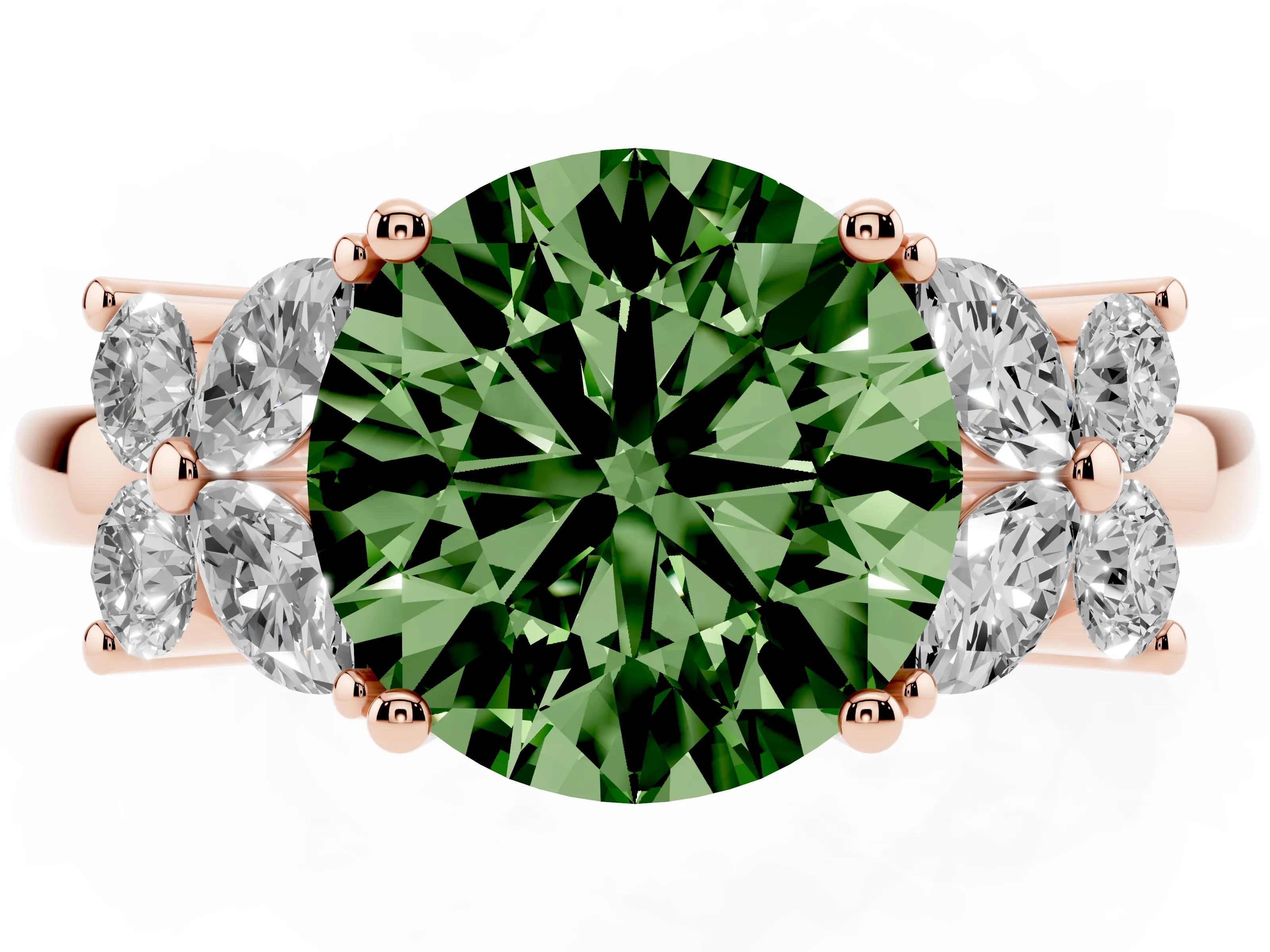 Fancy Green Round Cut Diamond Floral Cluster Ring Set in Rose gold with Marquise Petals and Prong Setting