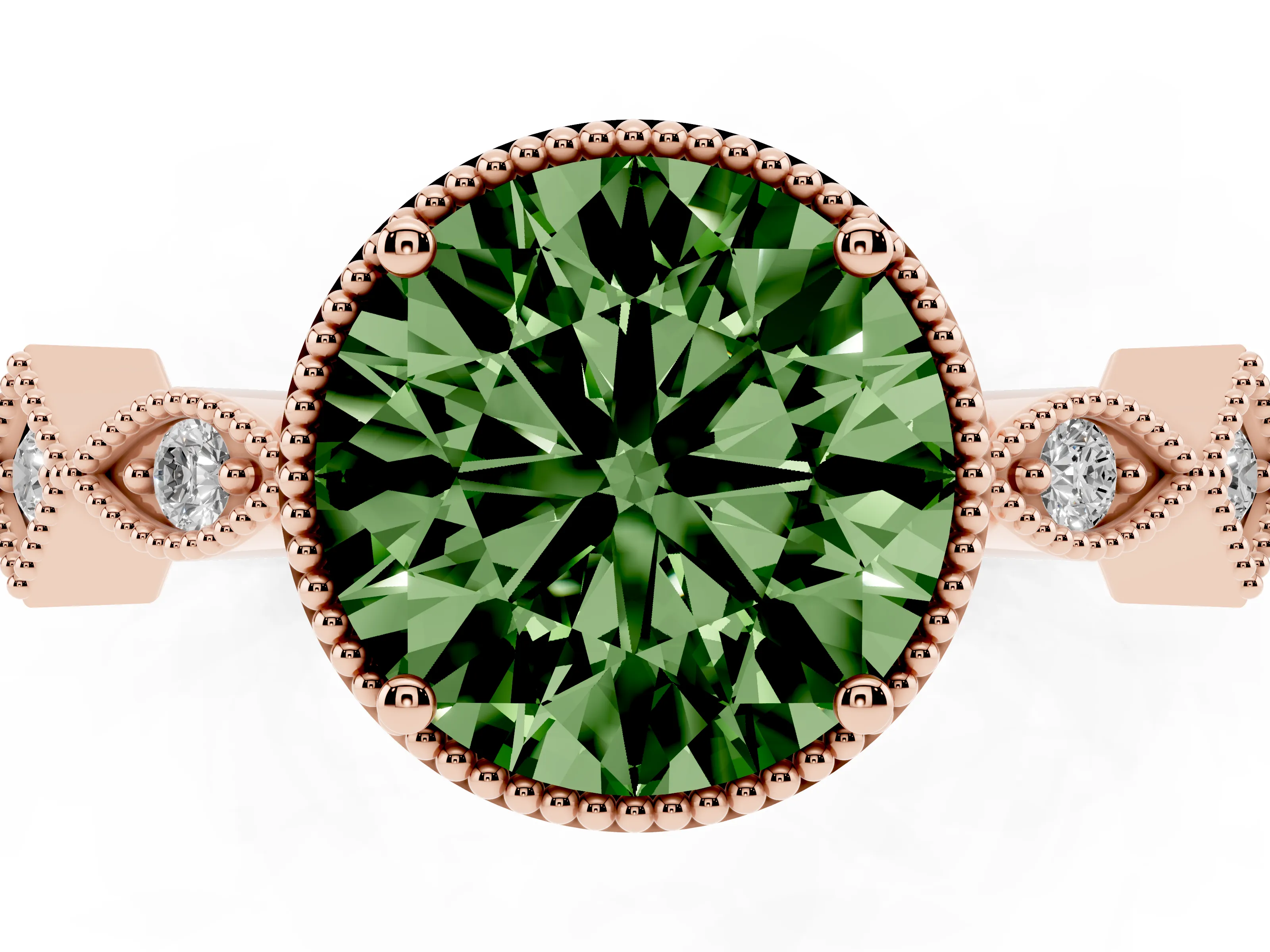 Fancy Green Round Cut Diamond Milgrain Marquise Twist Band Ring Set in Rose gold with Prong Setting