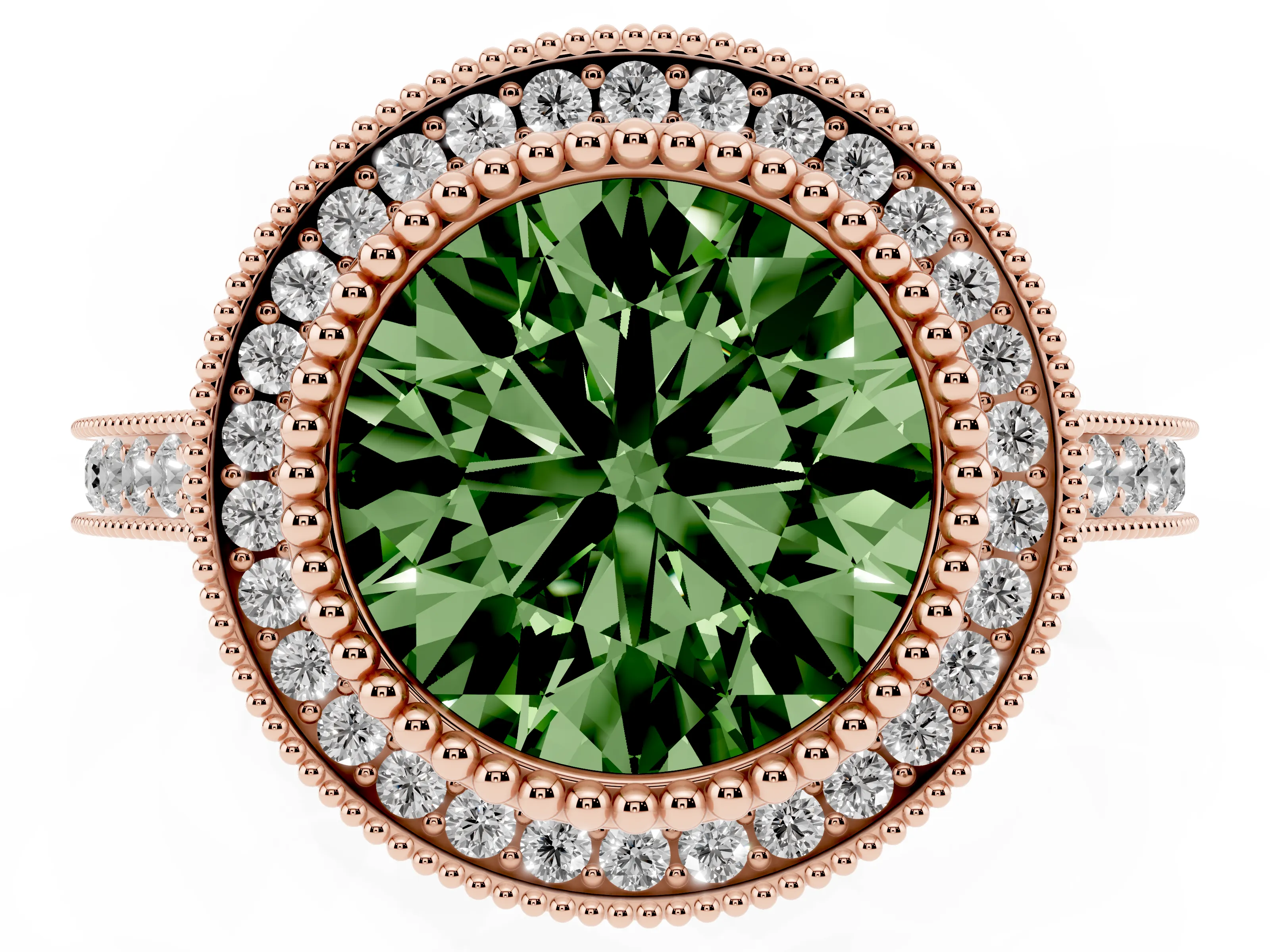 Fancy Green Round Cut Diamond Halo Ring Set in Rose gold with Milgrain Frame and Pavé Band