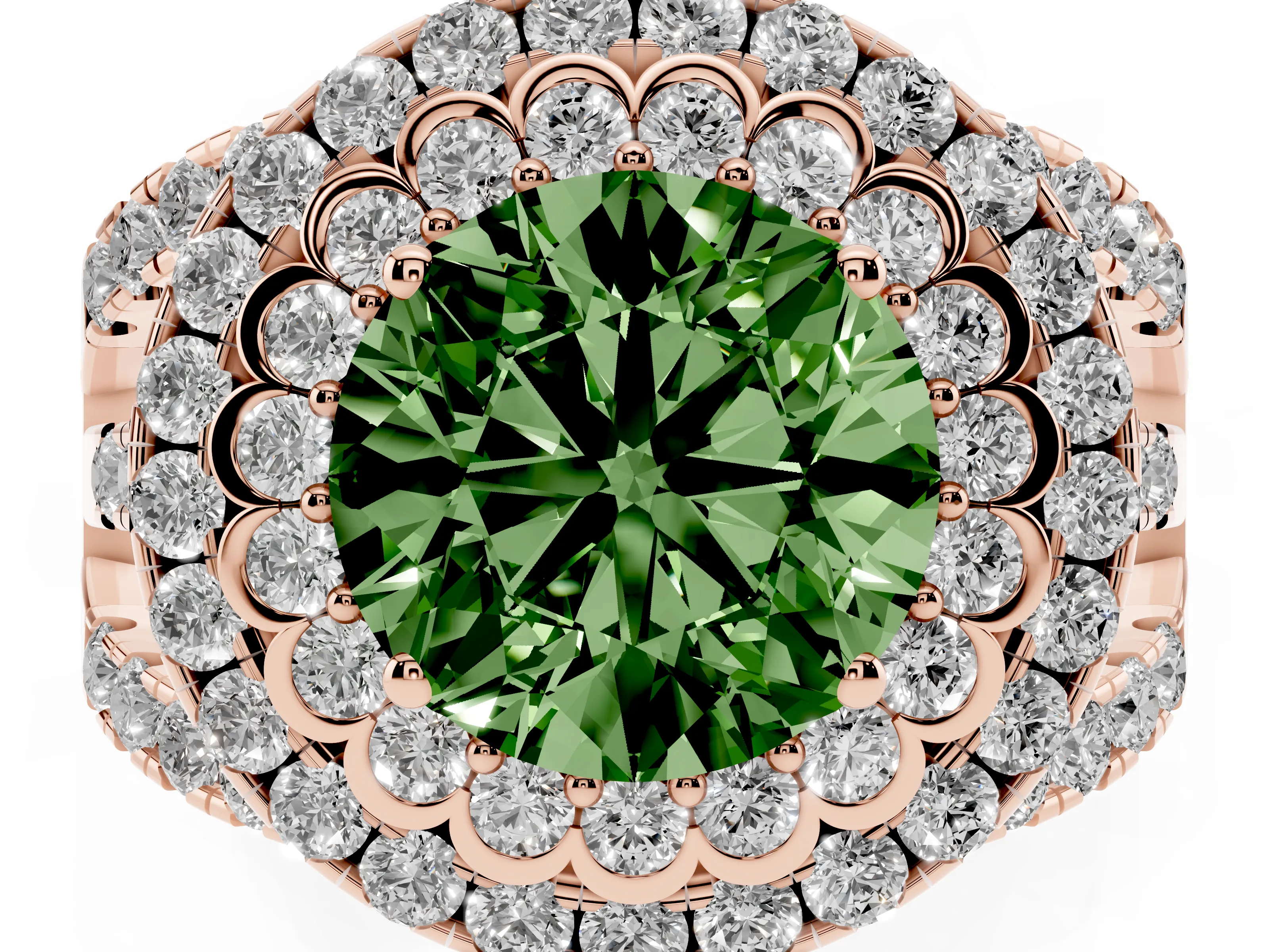 Fancy Green Round Cut Diamond Double Halo Ring Set in Rose gold with Round Pavé Split Shank