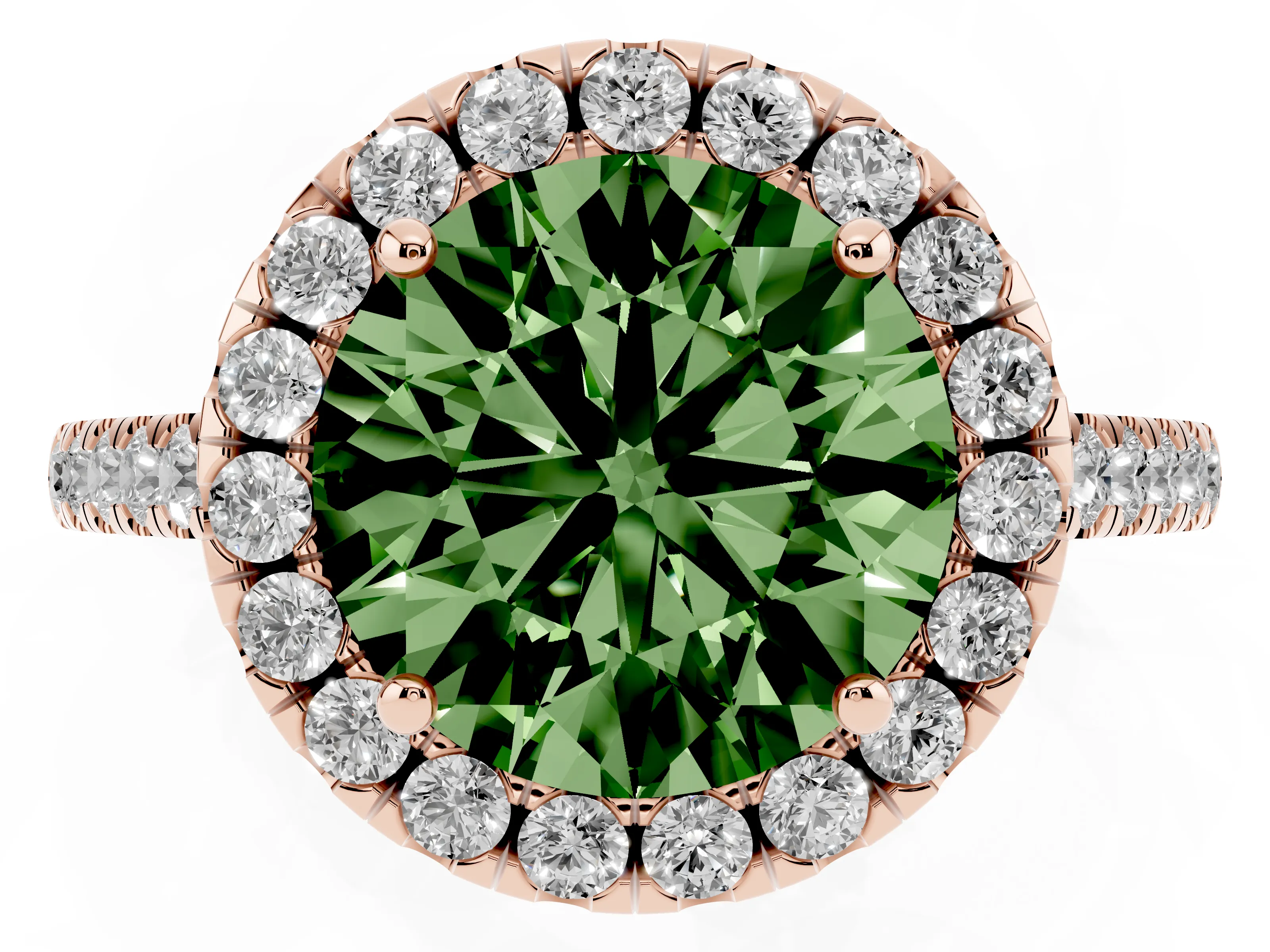 Fancy Green Round Cut Diamond Pavé Halo Engagement Ring Set in Rose gold with Pavé Band and Prong Setting