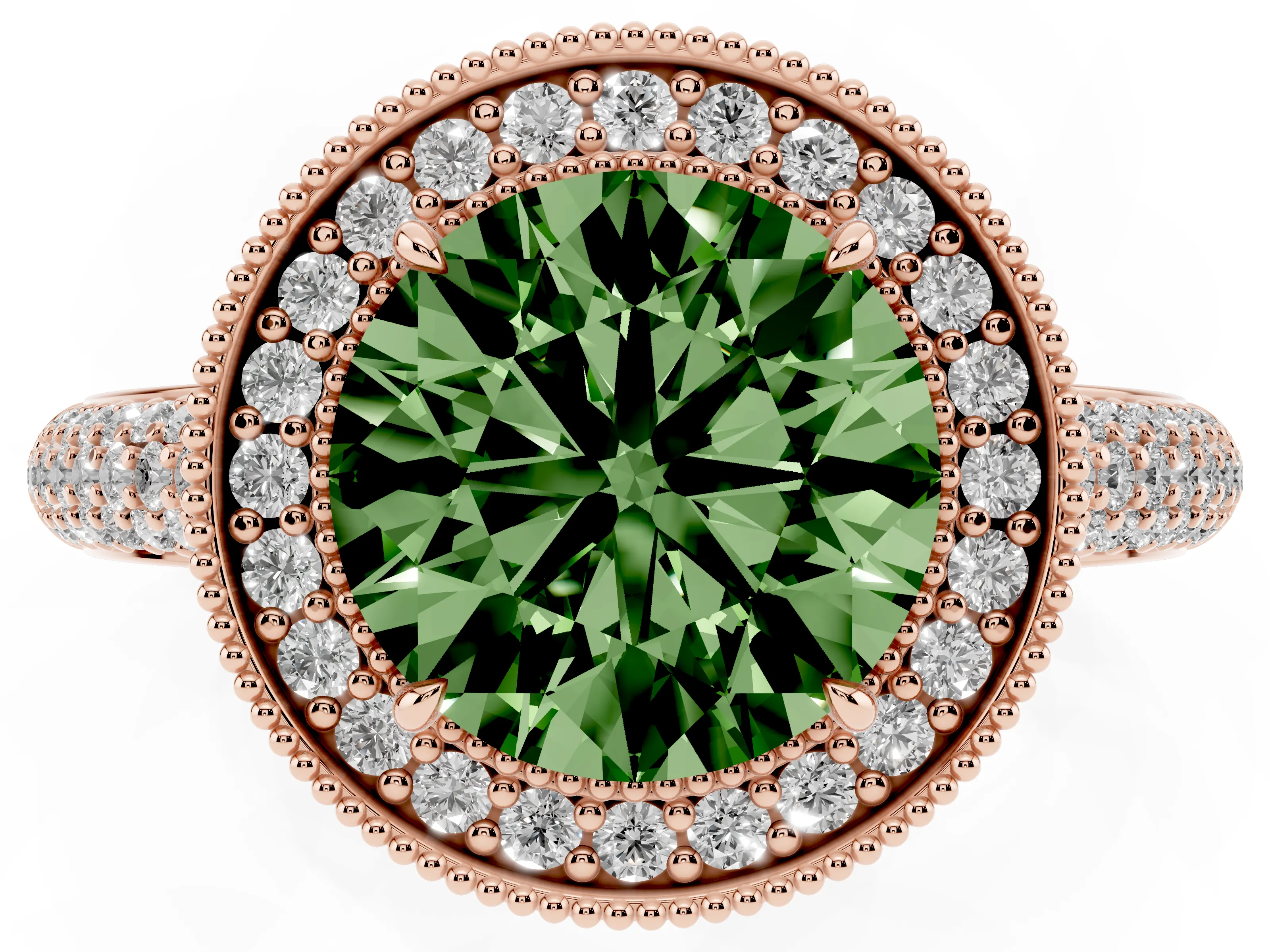 Fancy Green Round Cut Diamond Halo Pavé Band Set in Rose gold with Prong Setting