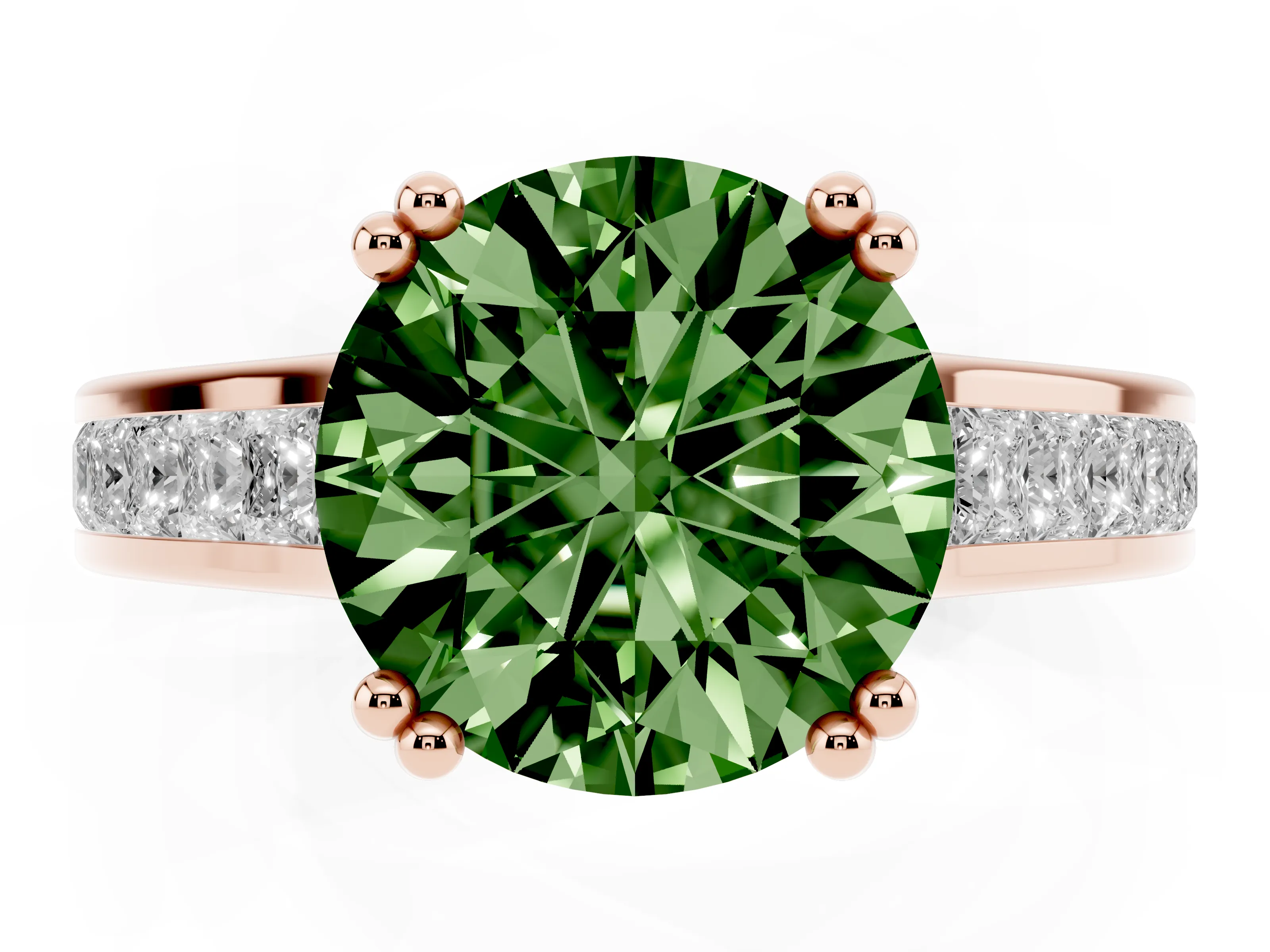 Fancy Green Round Cut Diamond Channel Set Solitaire Engagement Ring Set in Rose gold with Prong Setting