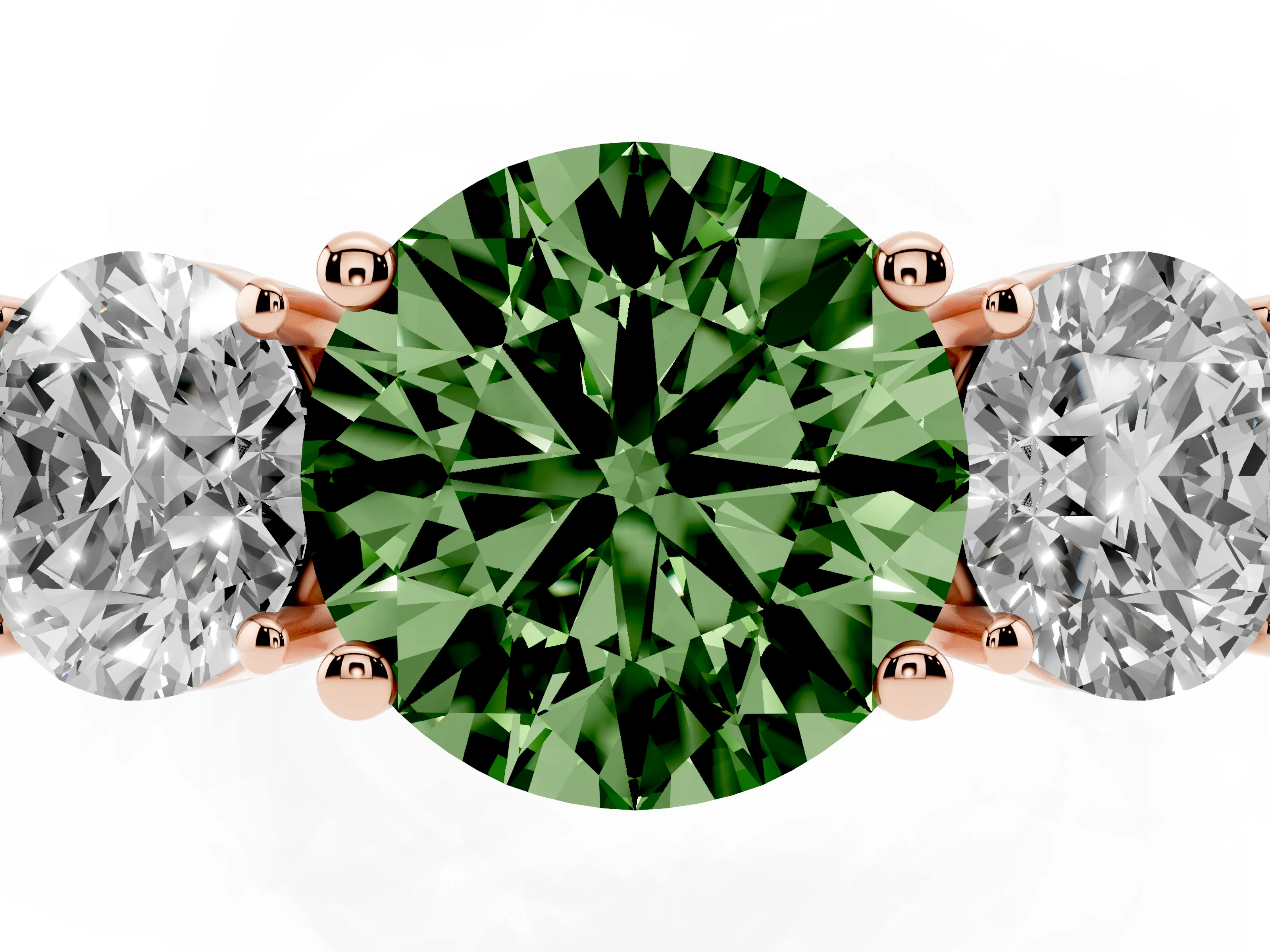 Fancy Green Round Cut Diamond Three-Stone Engagement Ring Set in Rose gold with Flat Band