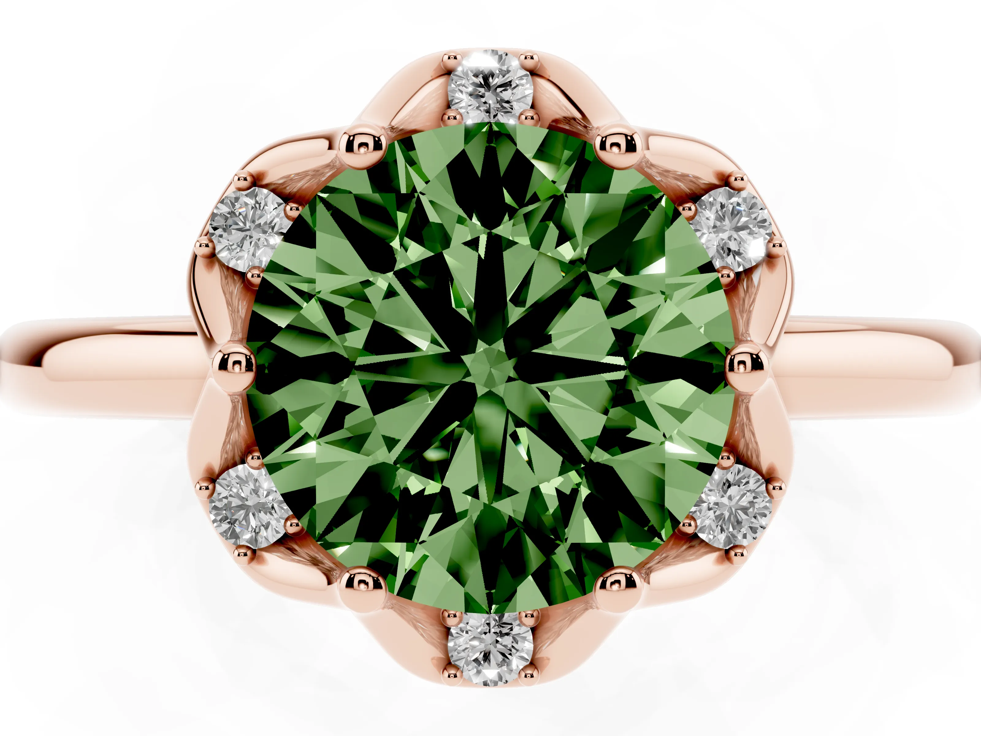 Fancy Green Round Cut Diamond Round Cluster Halo Ring Set in Rose gold with Solitaire Band and Prong Setting