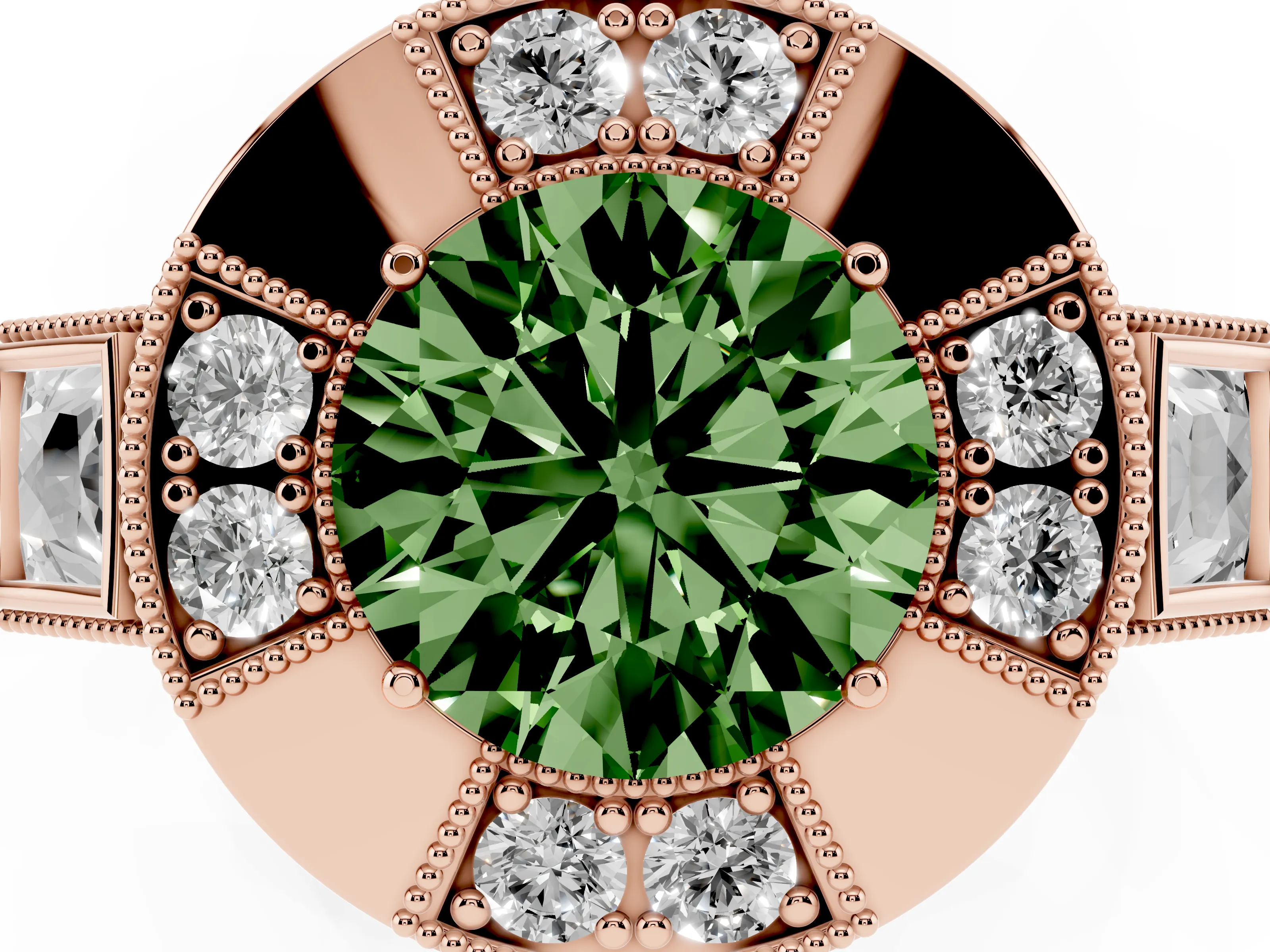 Fancy Green Round Cut Diamond Milgrain Halo Ring Set in Rose gold with Split Shank