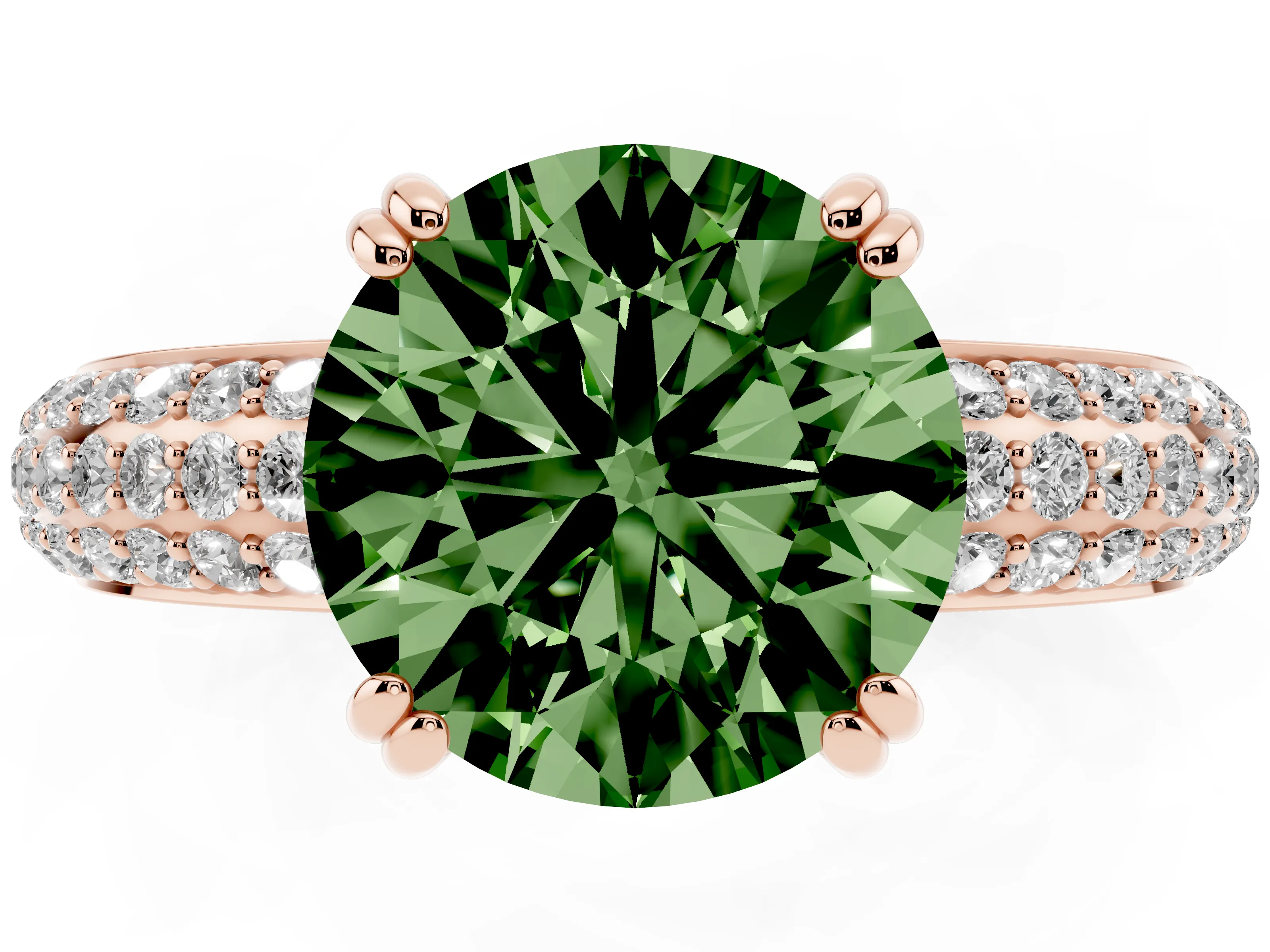 Fancy Green Round Cut Diamond Solitaire Ring Set in Rose gold with Multi-Row Round Pavé Band and Prong Setting