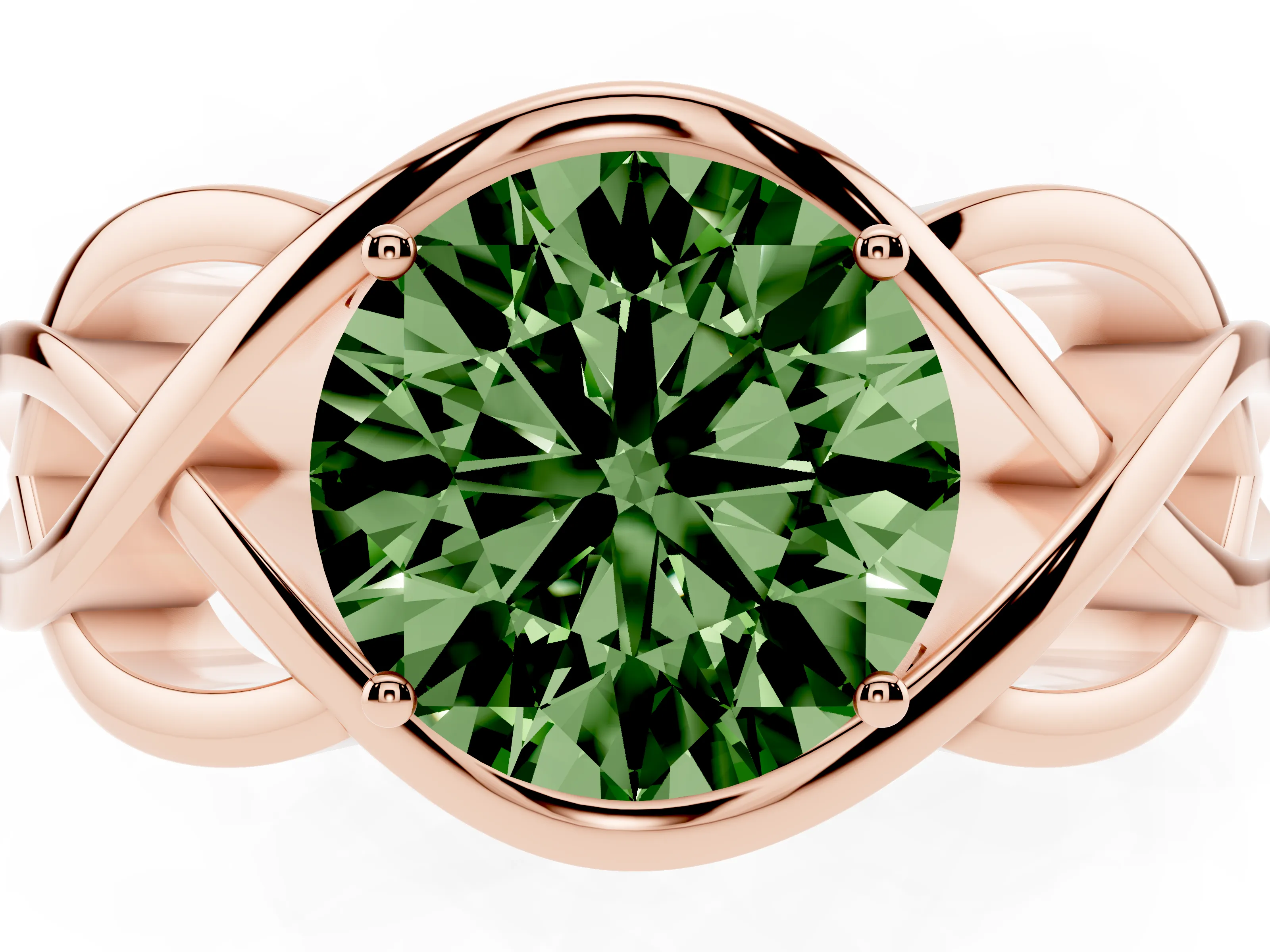 Fancy Green Round Cut Diamond Solitaire Ring Set in Rose gold with Intertwined Band