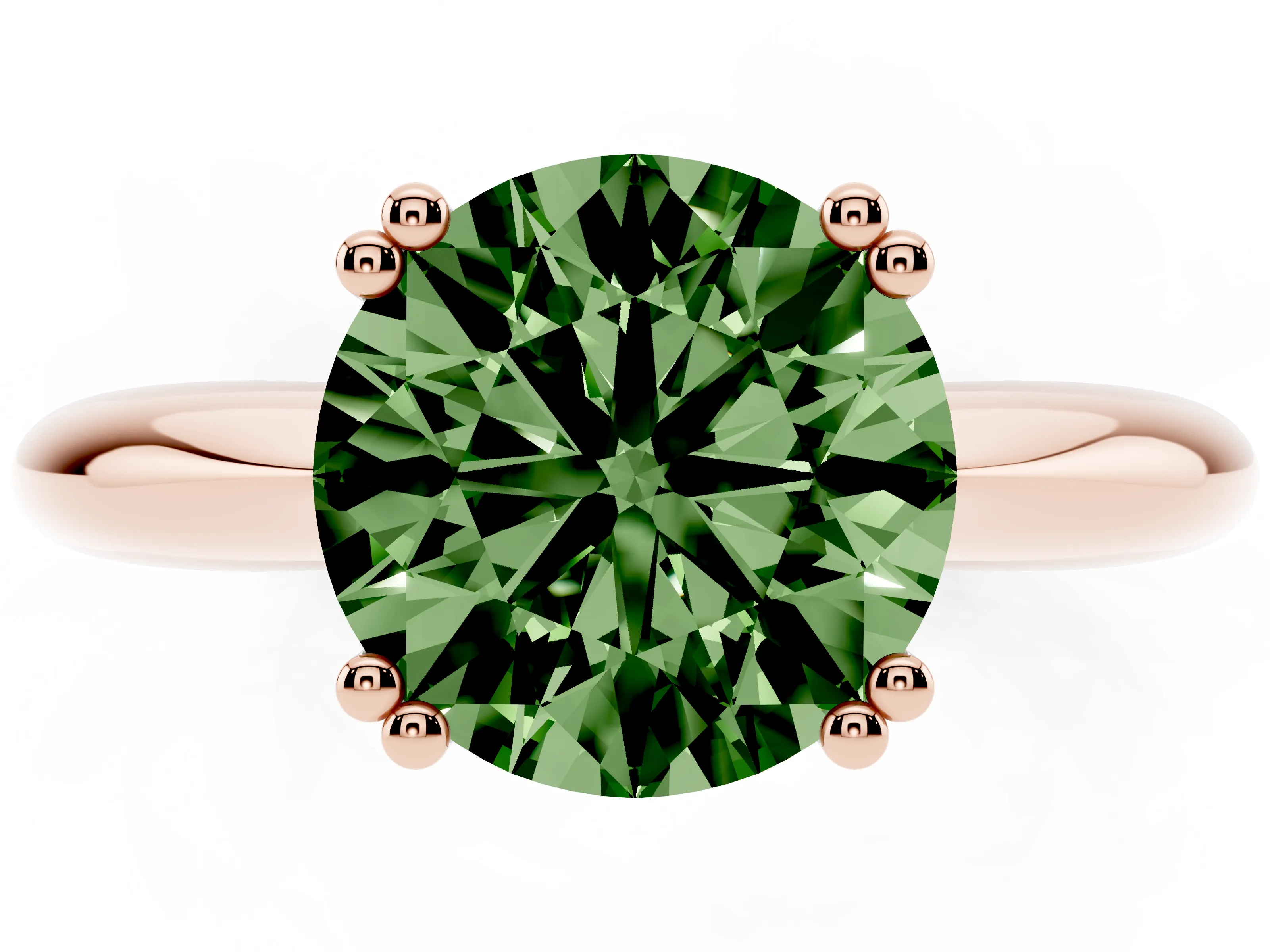 Fancy Green Round Cut Diamond Solitaire Engagement Ring Set in Rose gold with Tapered Band and Prong Setting