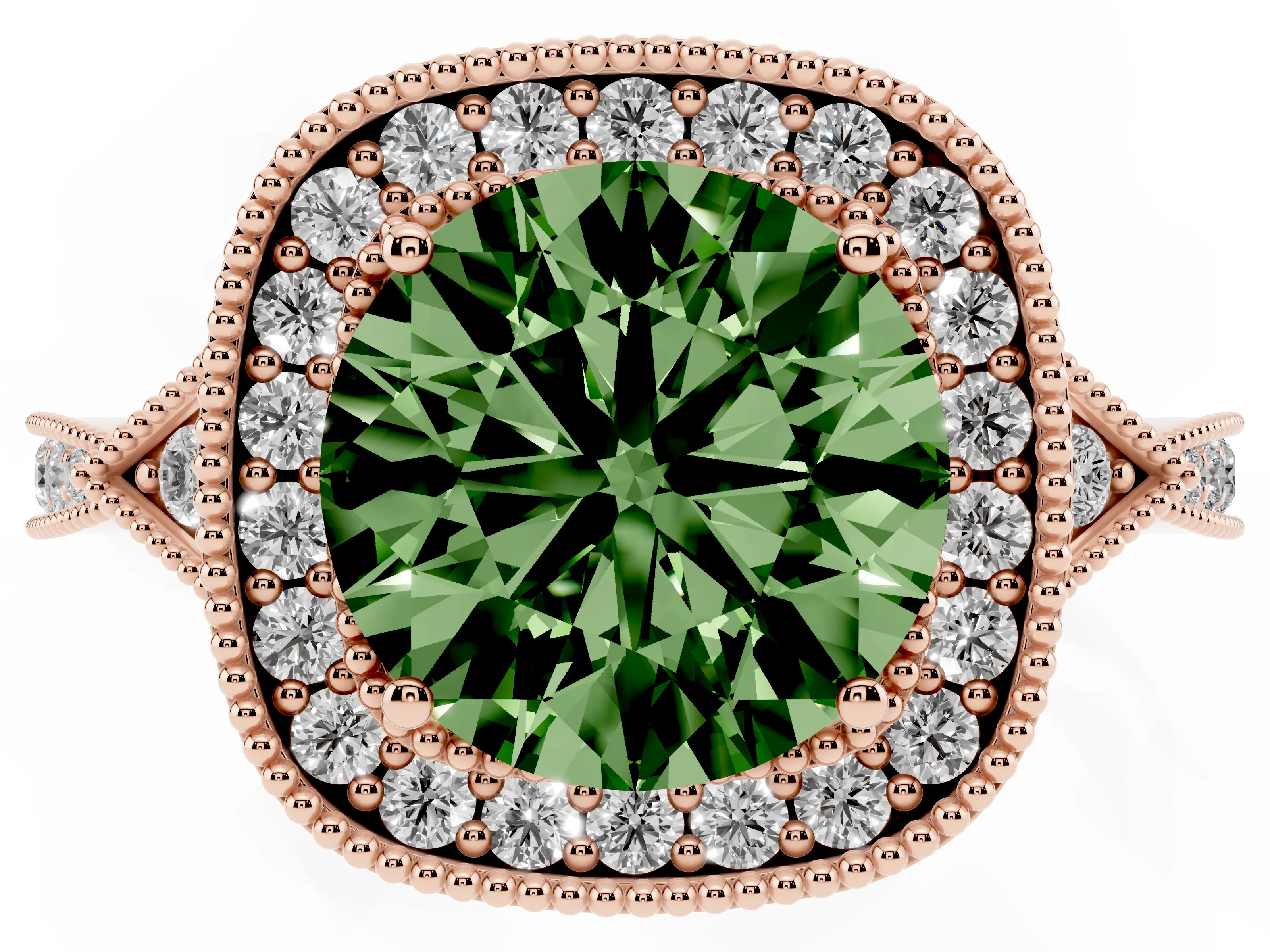 Fancy Green Round Cut Diamond Halo Engagement Ring Set in Rose gold with Milgrain Pavé Band