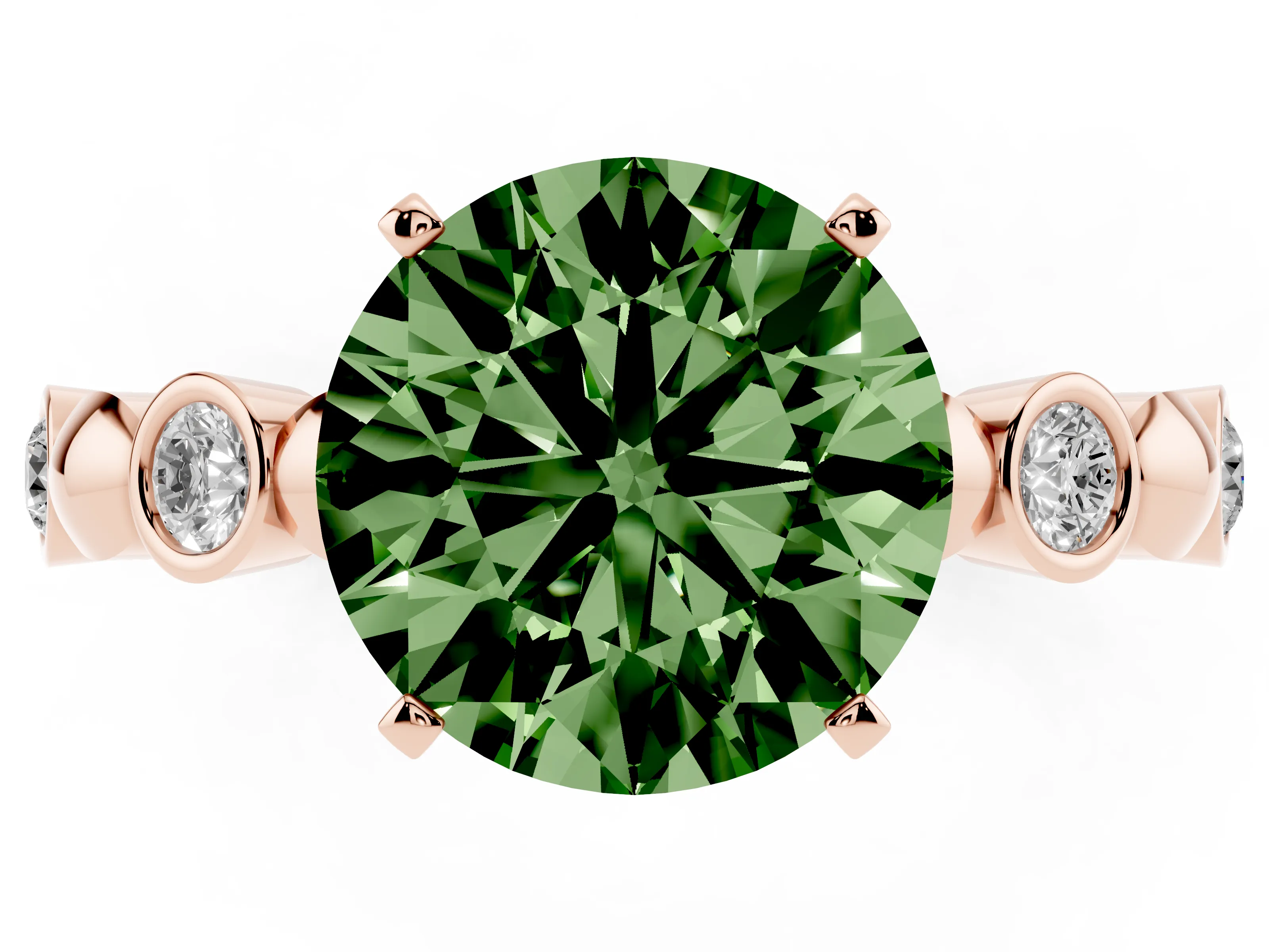 Fancy Green Round Cut Diamond Solitaire Ring Set in Rose gold with Bezel-Set Accents on Beaded Band and Prong Setting