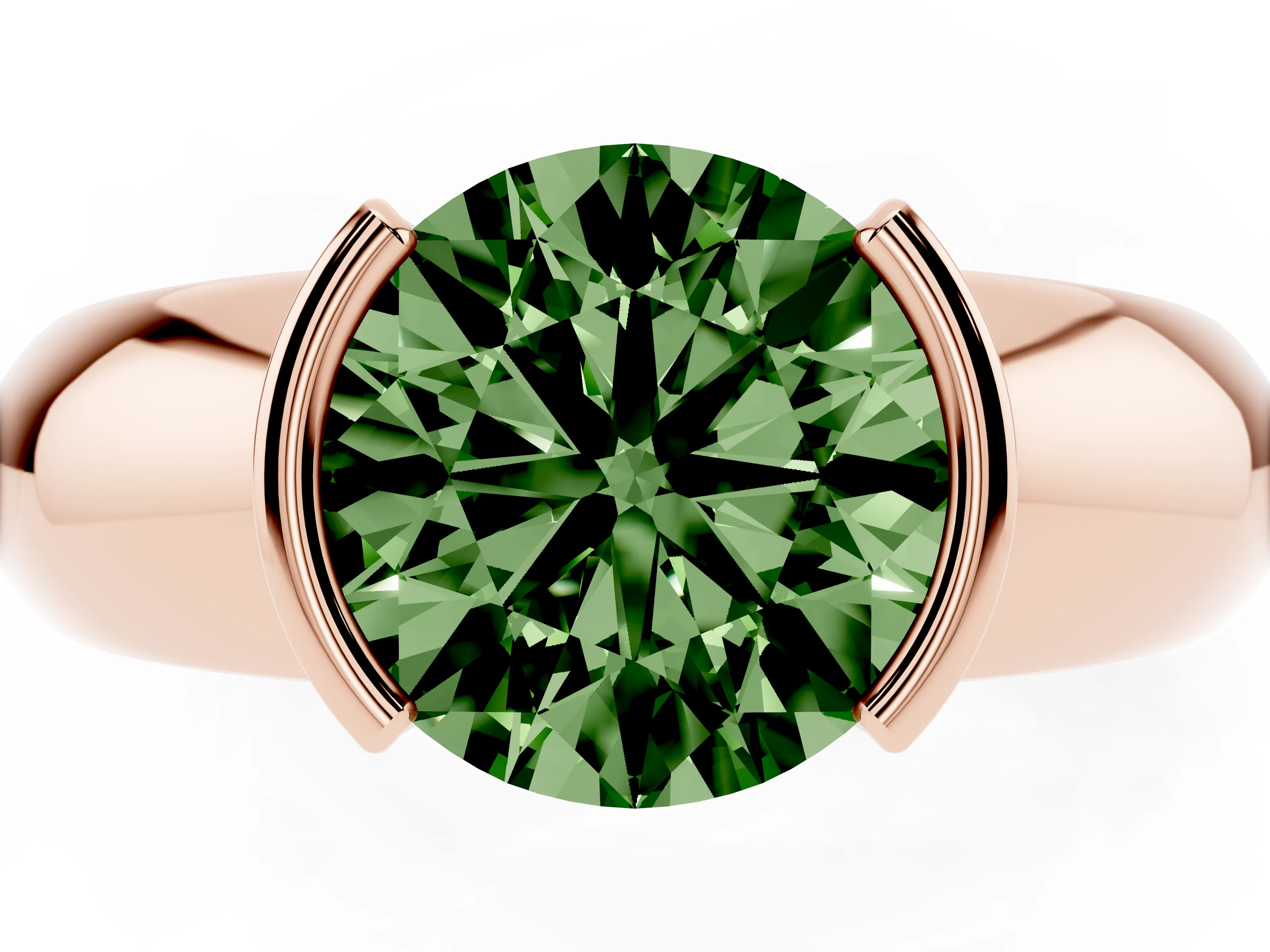 Fancy Green Round Cut Diamond Solitaire Tension Set Ring Set in Rose gold with Wide Band