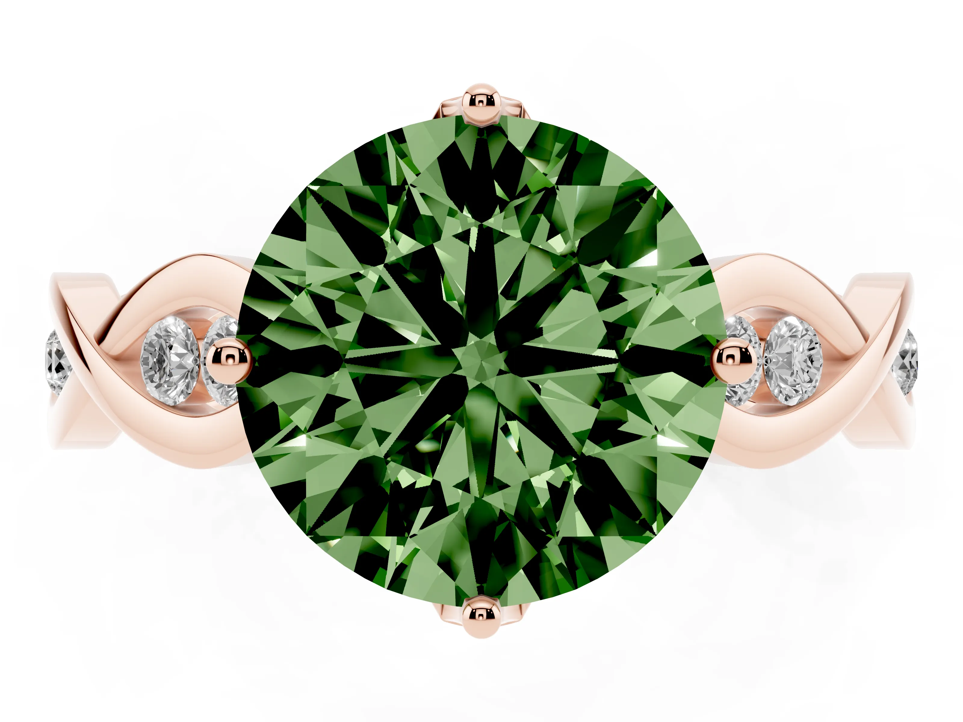Fancy Green Round Cut Diamond Twist Band Solitaire Ring Set in Rose gold with Leaf Prong Setting and Accent Stones