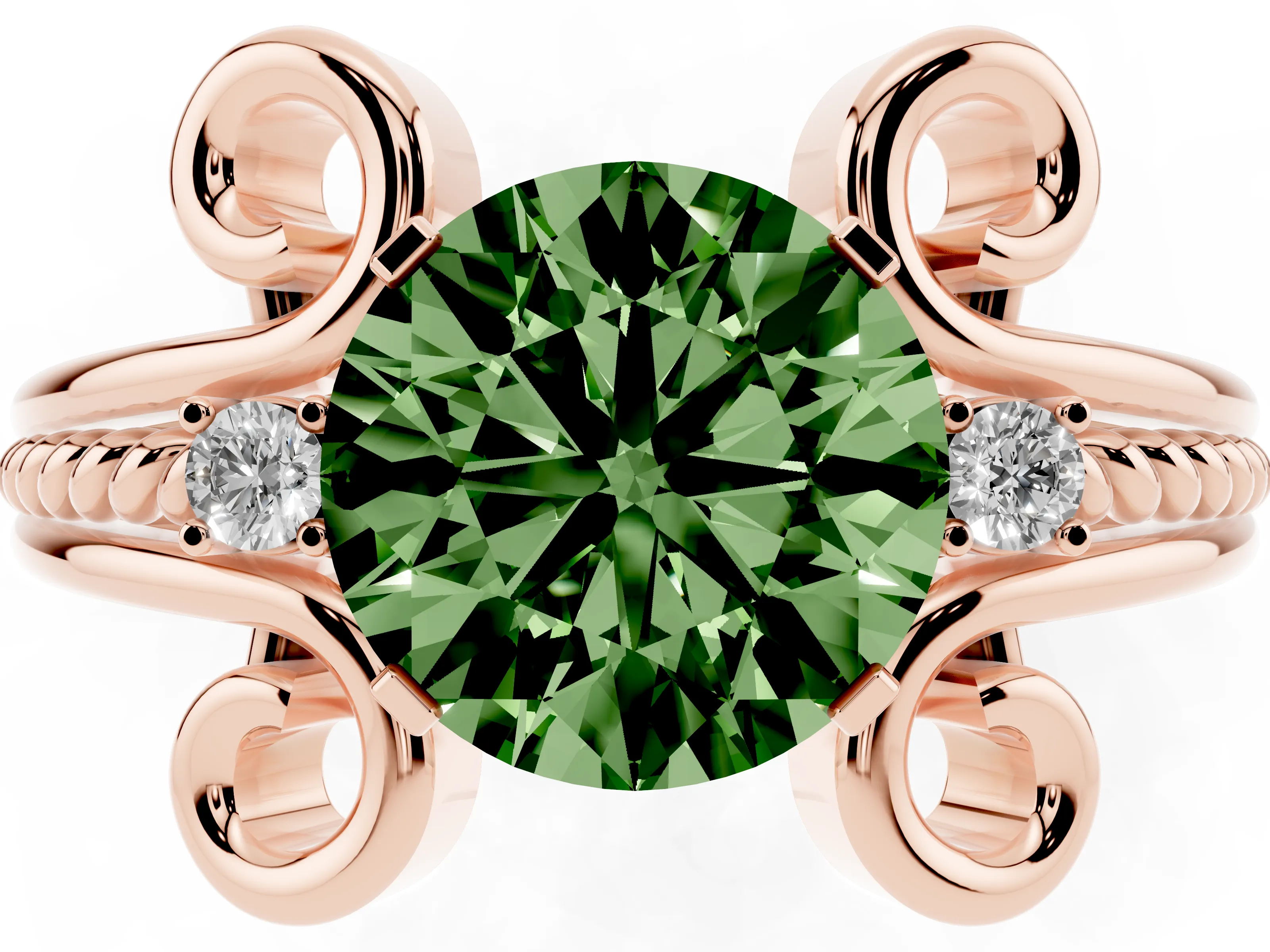 Fancy Green Round Cut Diamond Twisted Band Solitaire Ring Set in Rose gold with Scroll Prongs