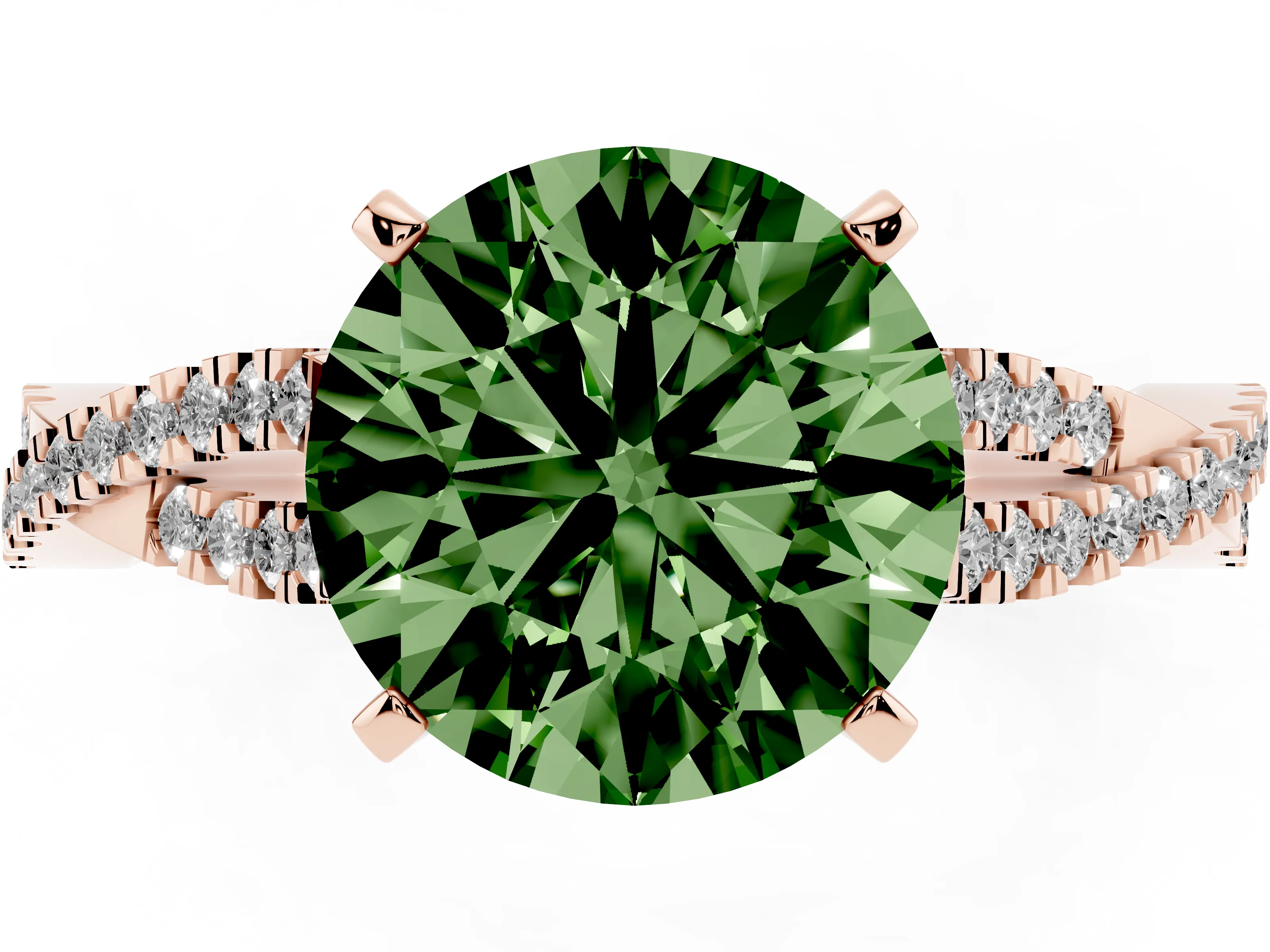 Fancy Green Round Cut Diamond Solitaire Engagement Ring Set in Rose gold with Twisted Pavé Band and Prong Setting