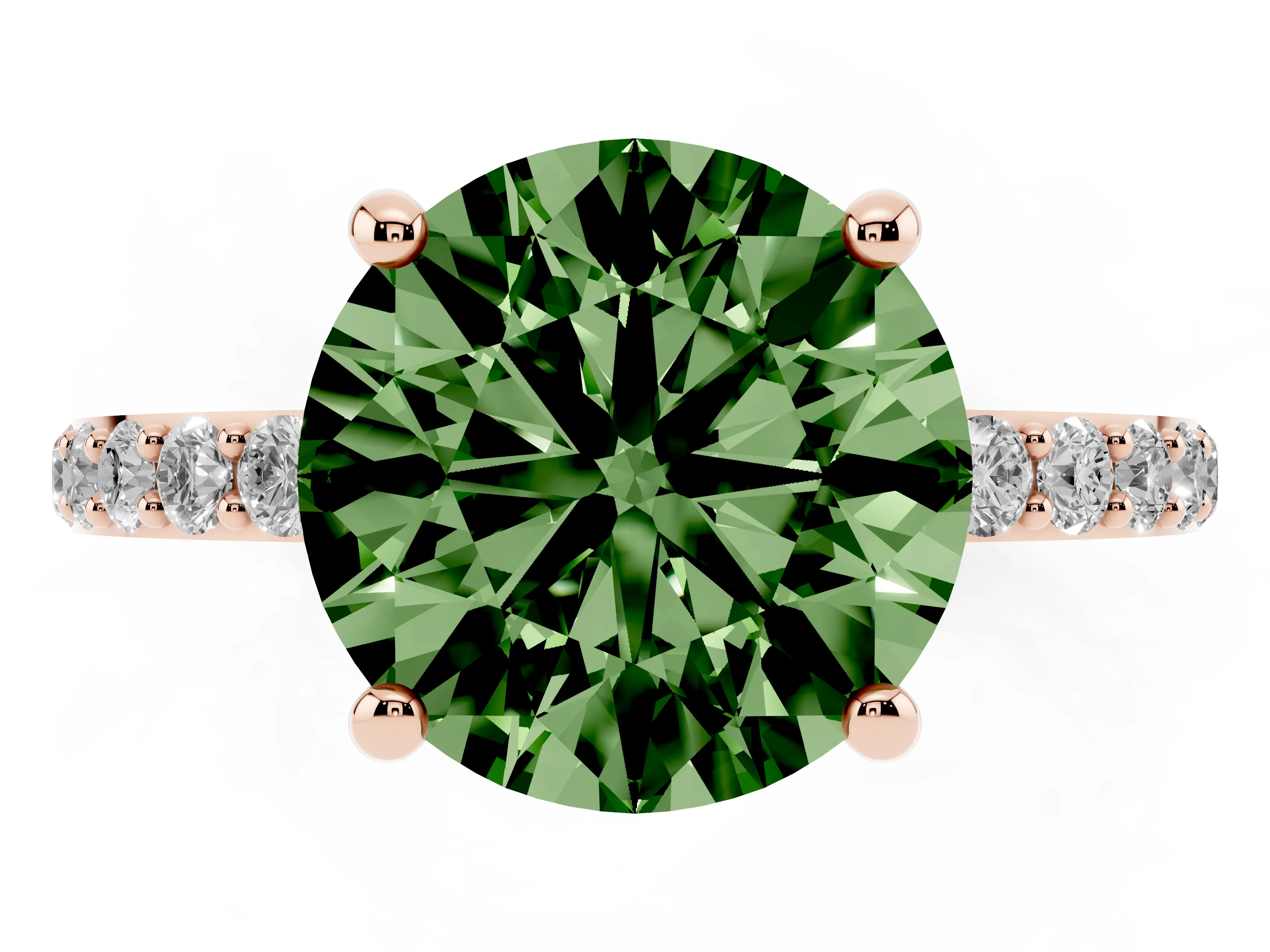 Fancy Green Round Cut Diamond Solitaire Ring Set in Rose gold with Round Pavé Band and Prong Setting