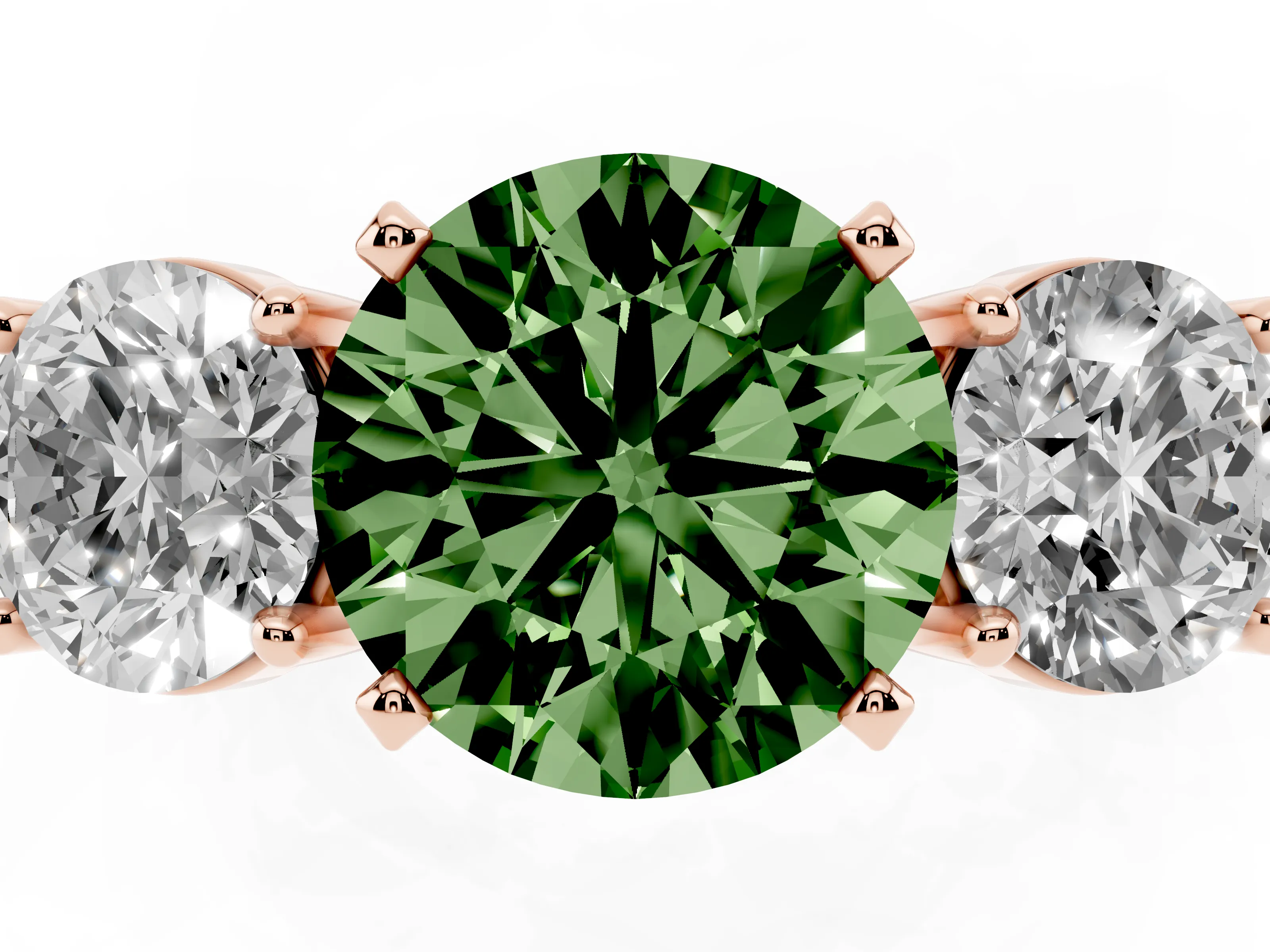 Fancy Green Round Cut Diamond Three-Stone Ring Set in Rose gold with Round Side Stones and Classic Band