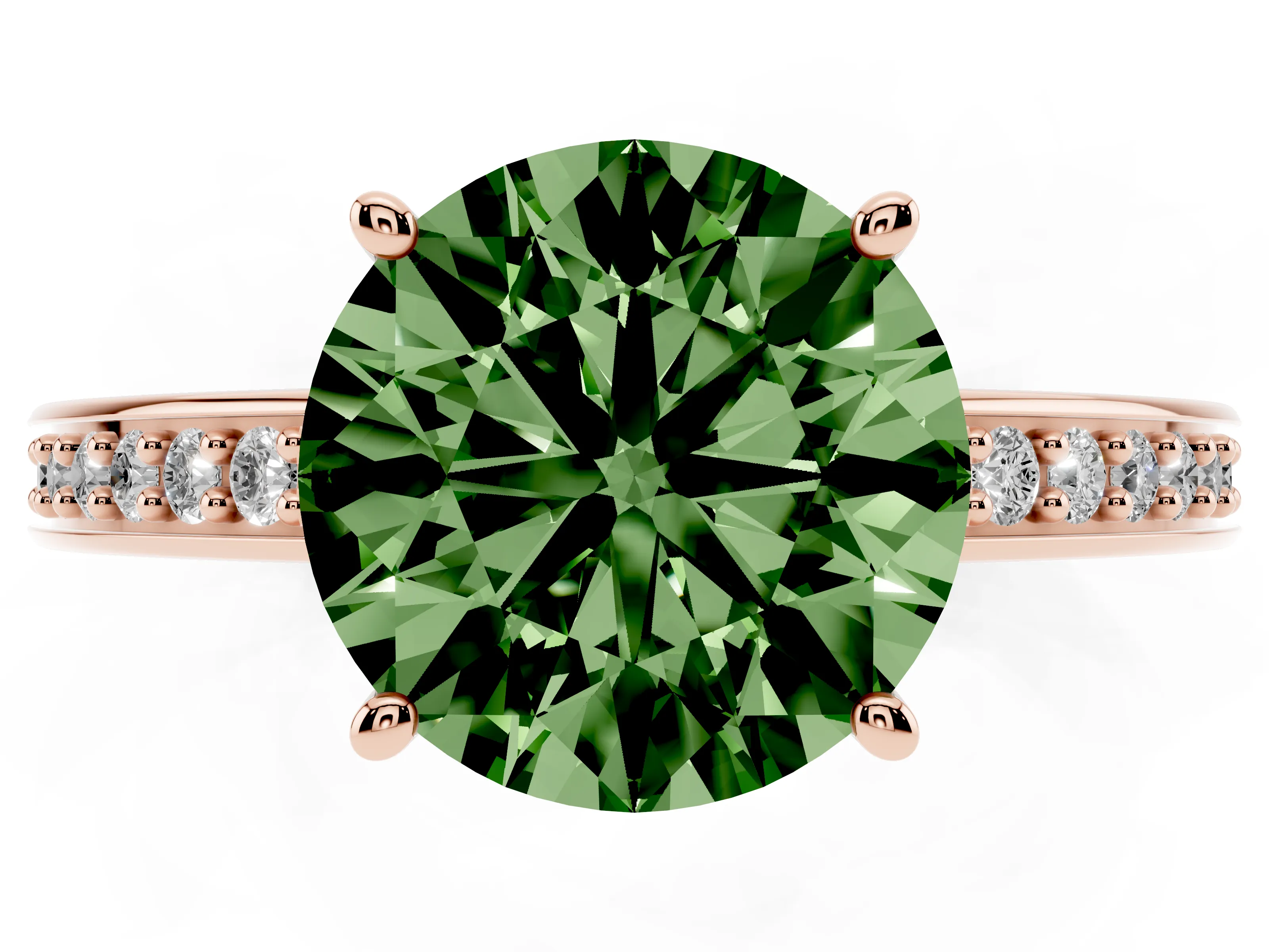 Fancy Green Round Cut Diamond Pavé Band Prong Set Solitaire Ring Set in Rose gold