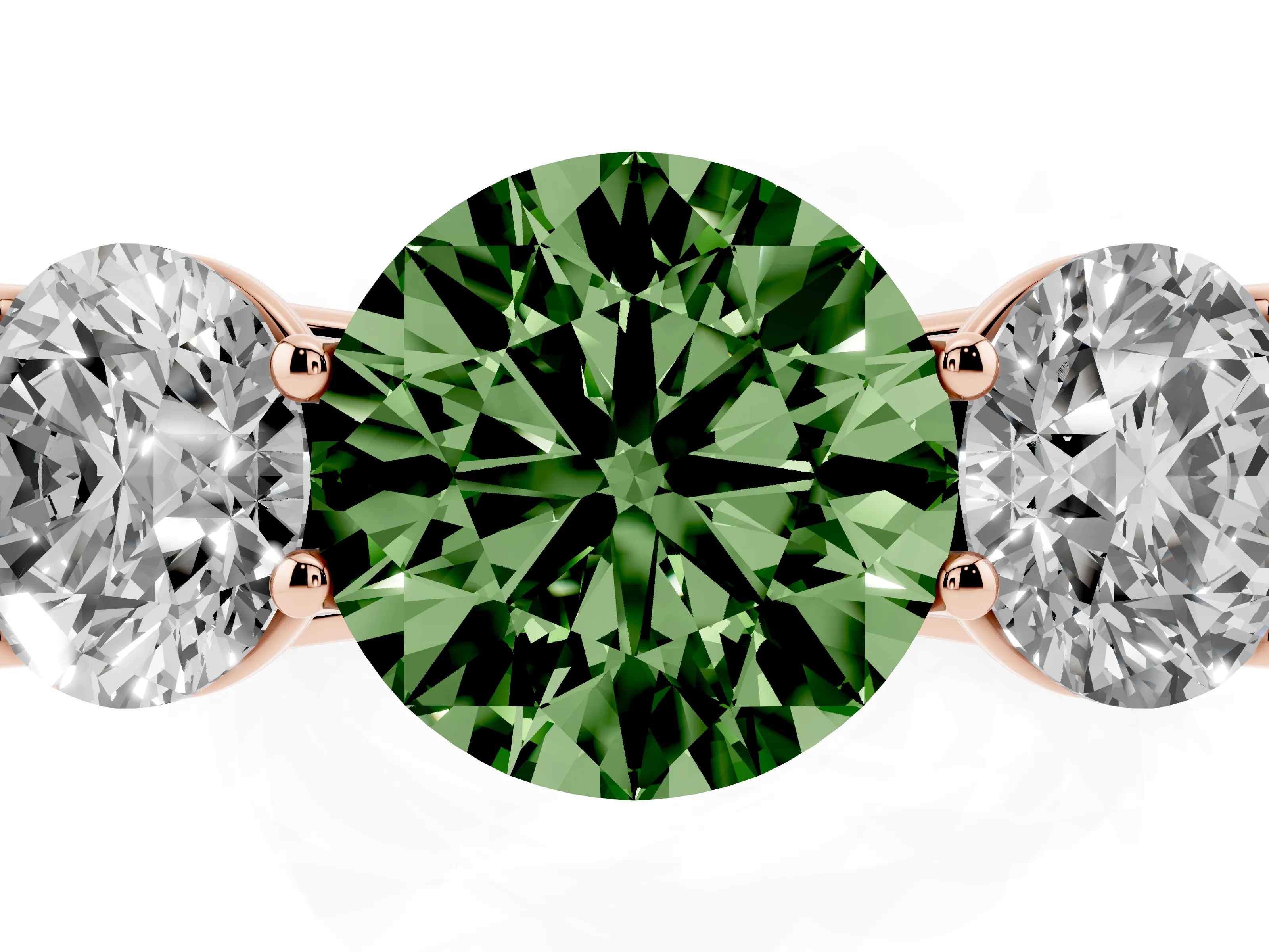Fancy Green Round Cut Diamond Three-Stone Ring Set in Rose gold with Plain Polished Band