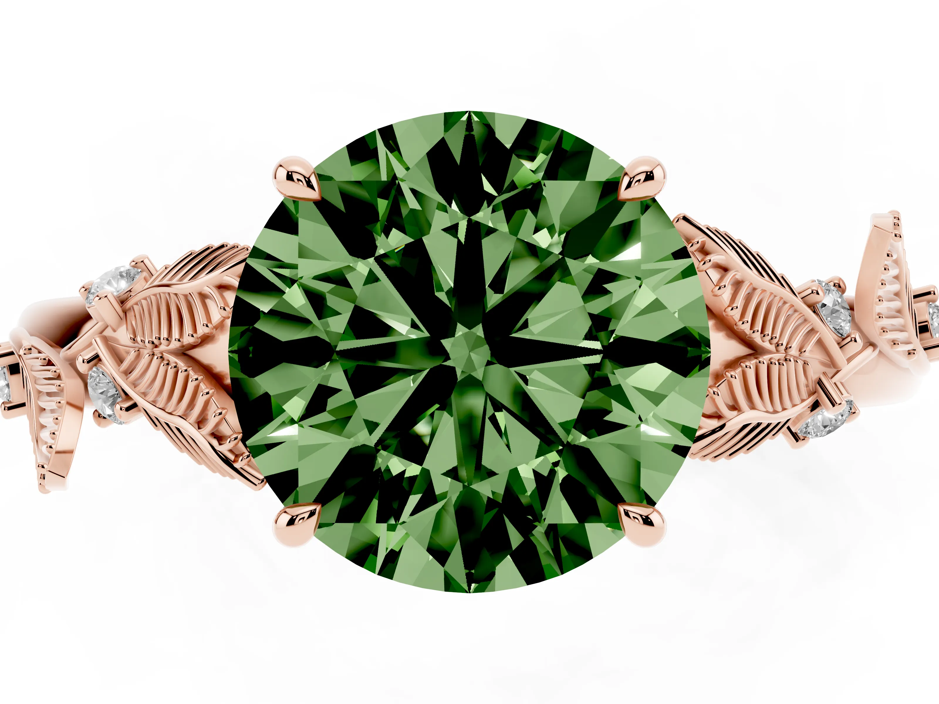 Fancy Green Round Cut Diamond Solitaire Ring Set in Rose gold with Leaf Motif Band