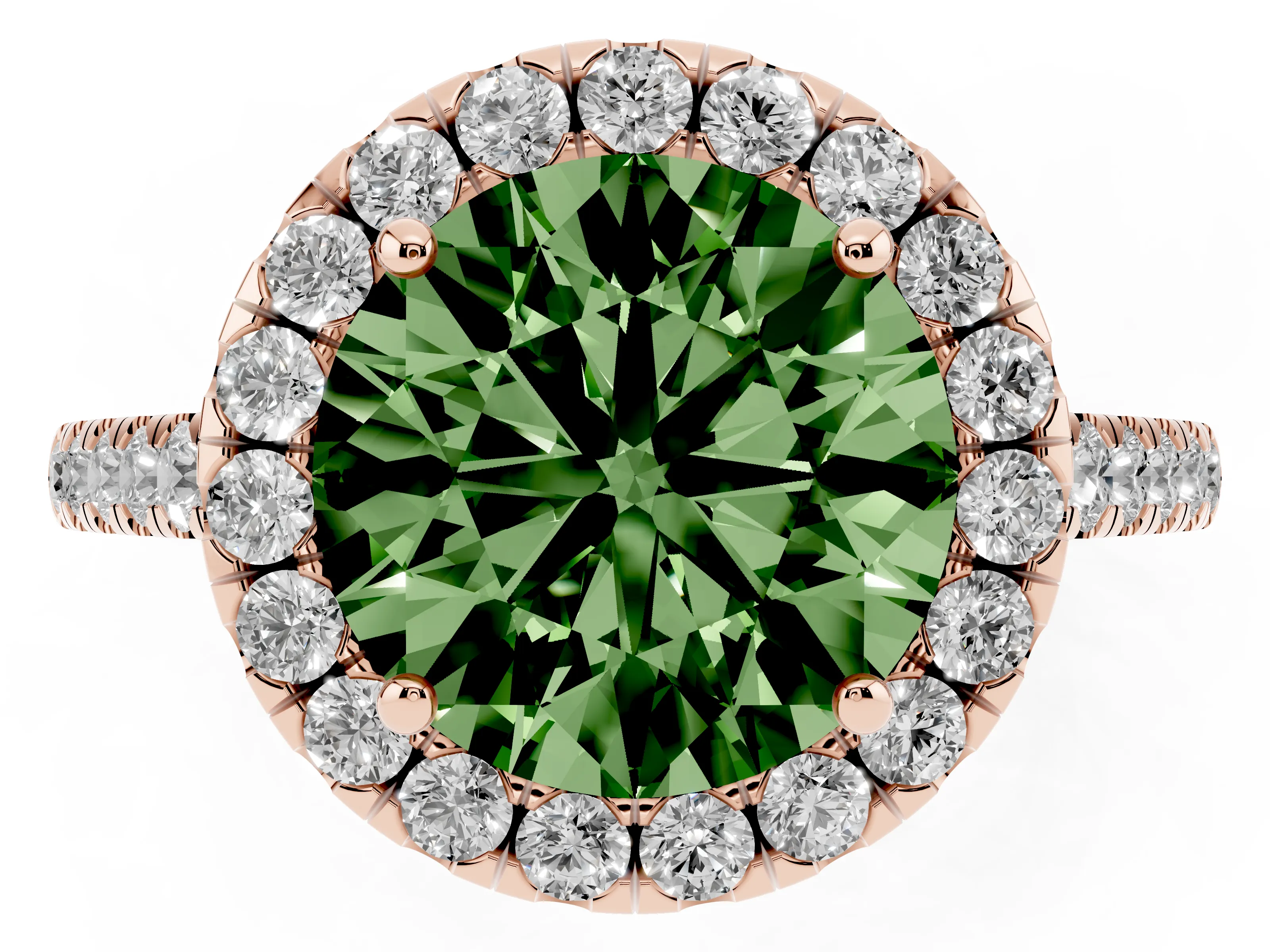 Fancy Green Round Cut Diamond Halo Pavé Engagement Ring Set in Rose gold with Prong Setting