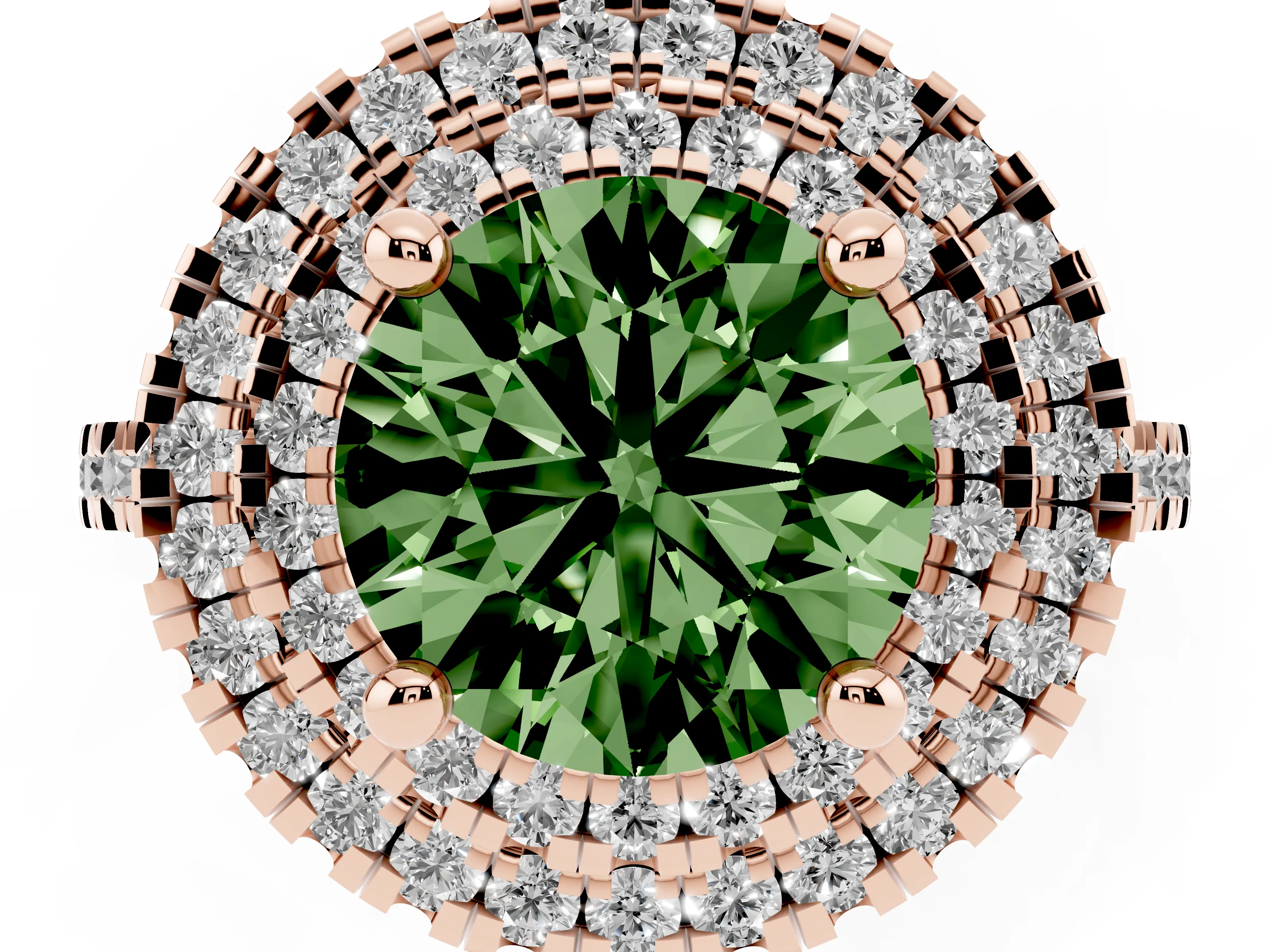 Fancy Green Round Cut Diamond Double Halo Statement Ring Set in Rose gold with Pavé Band