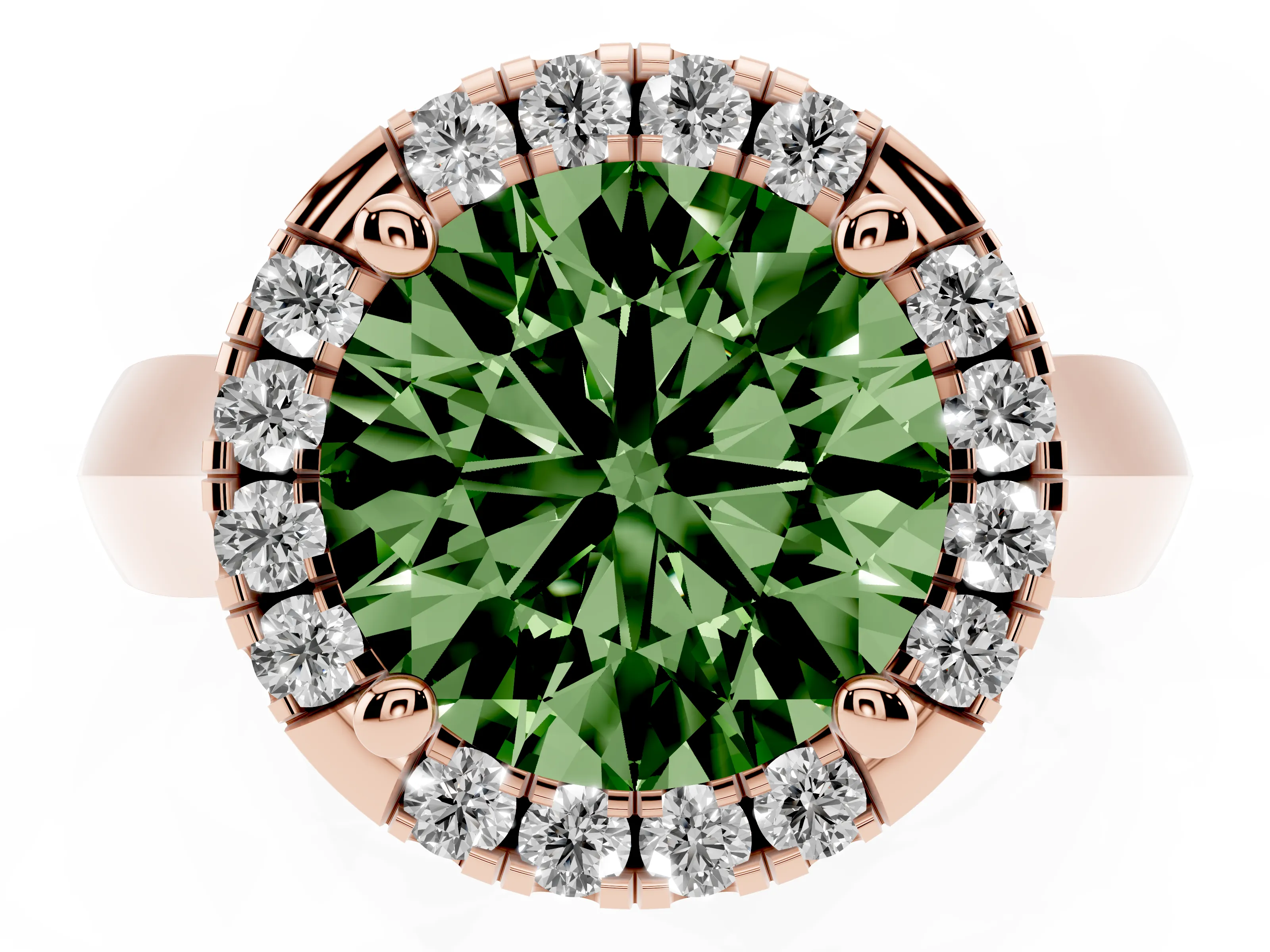 Fancy Green Round Cut Diamond Halo Solitaire Engagement Ring Set in Rose gold with Square Band and Prong Setting