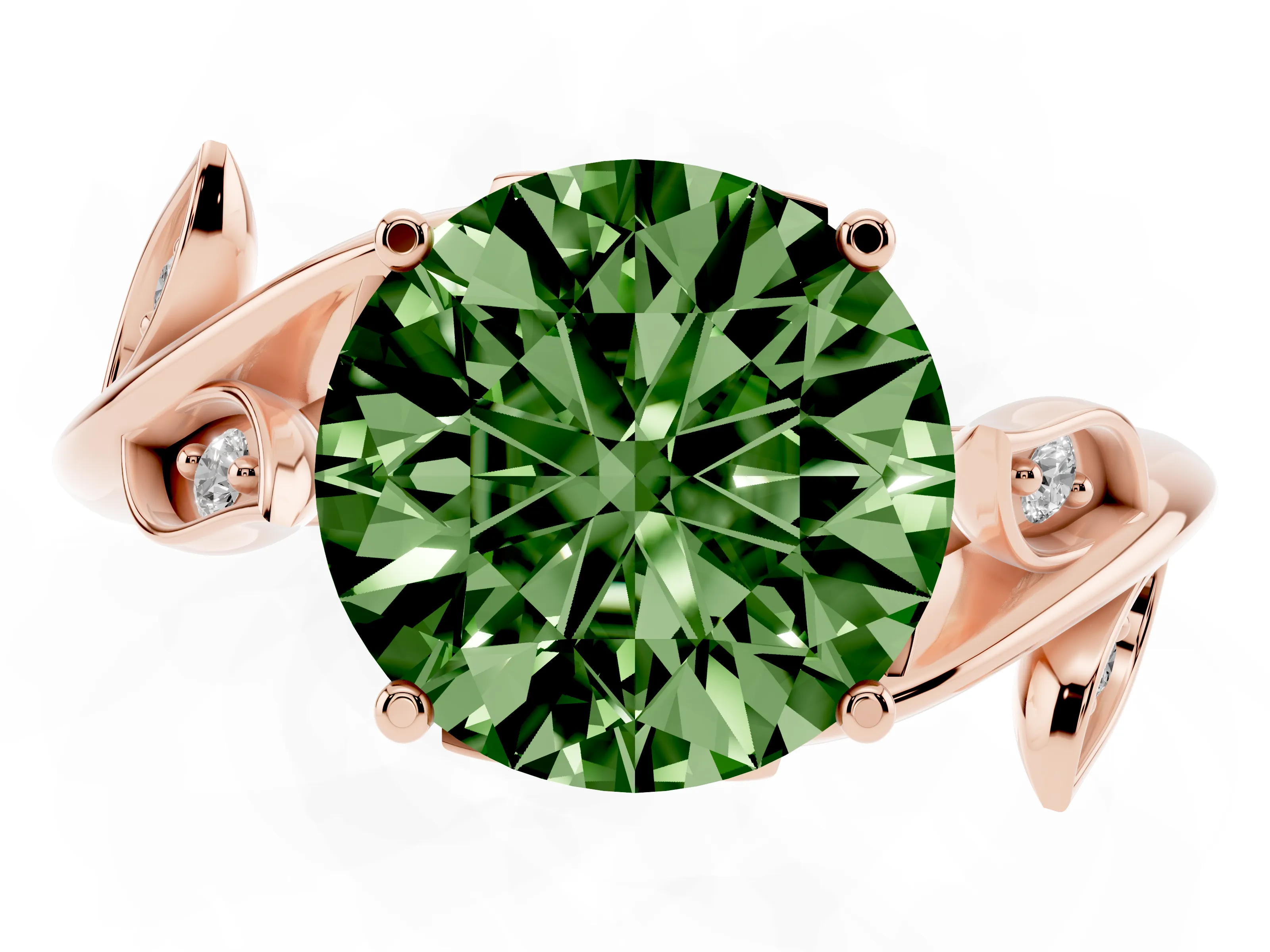 Fancy Green Round Cut Diamond Solitaire Twist Engagement Ring Set in Rose gold with Pavé Leaf Accents