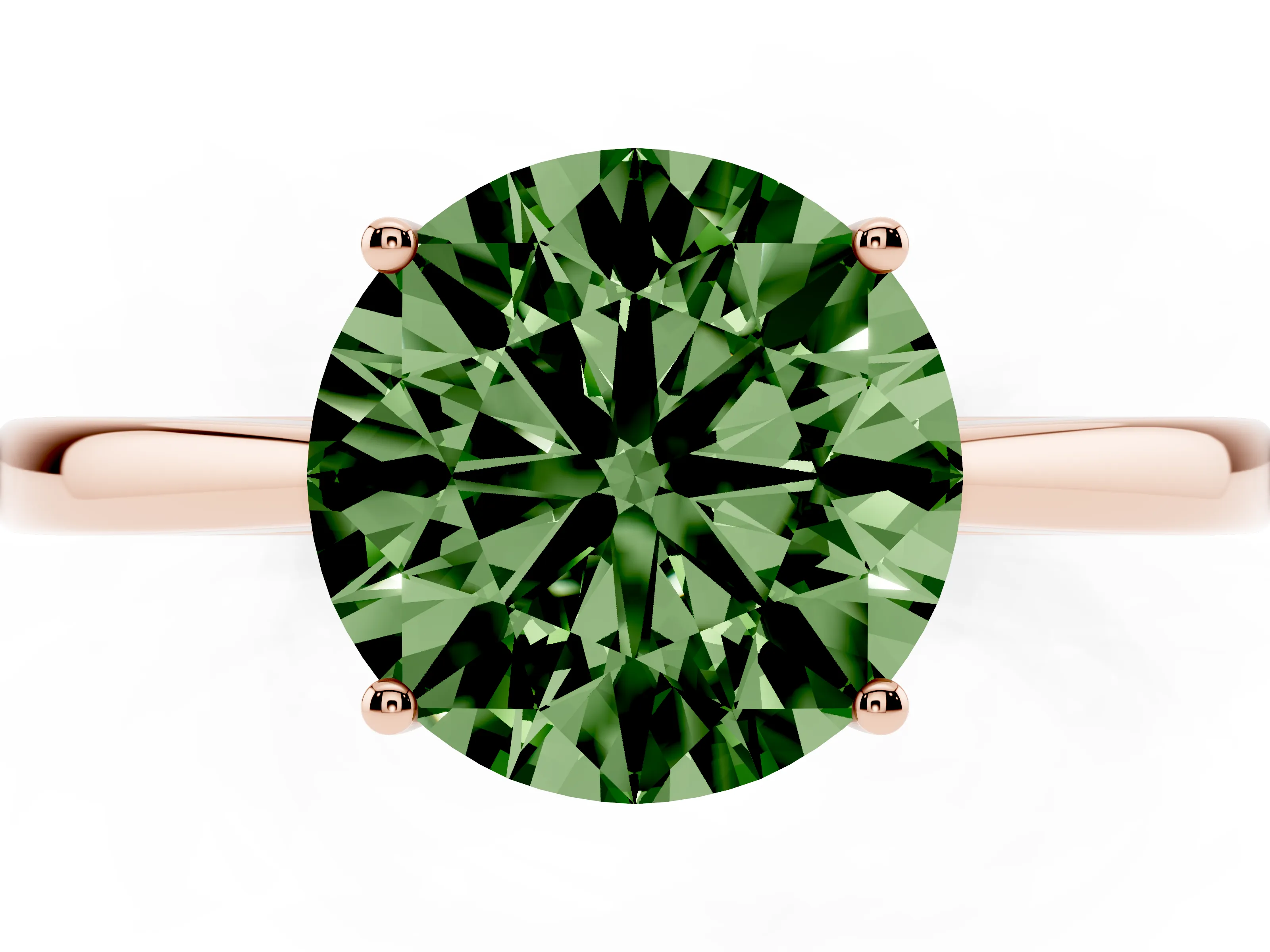 Fancy Green Round Cut Diamond Solitaire Ring Set in Rose gold with Split Shank and Prong Setting