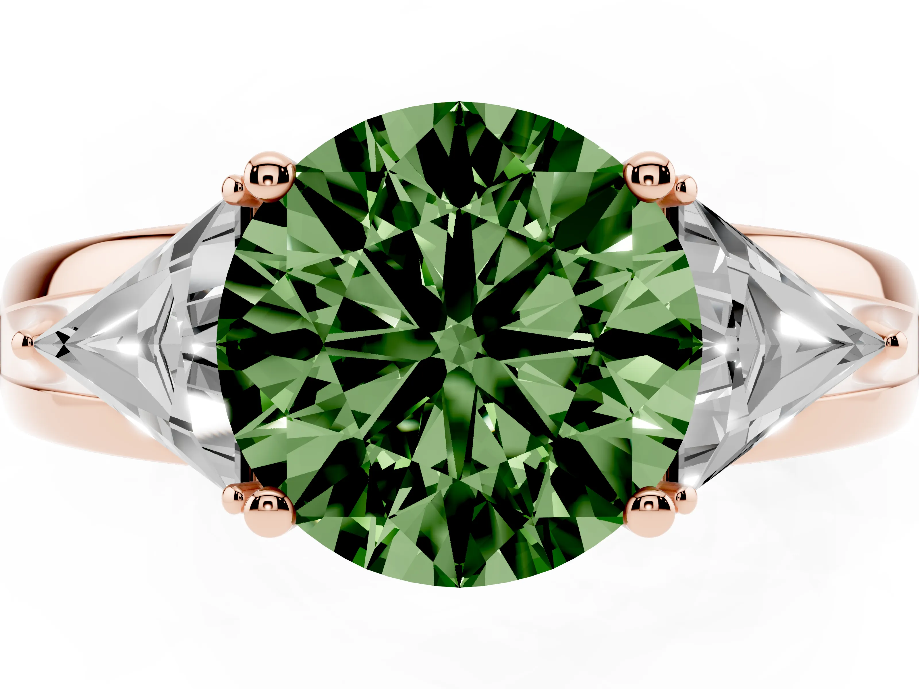 Fancy Green Round Cut Diamond Three-Stone Ring Set in Rose gold with Trillion Side Stones and Split Shank
