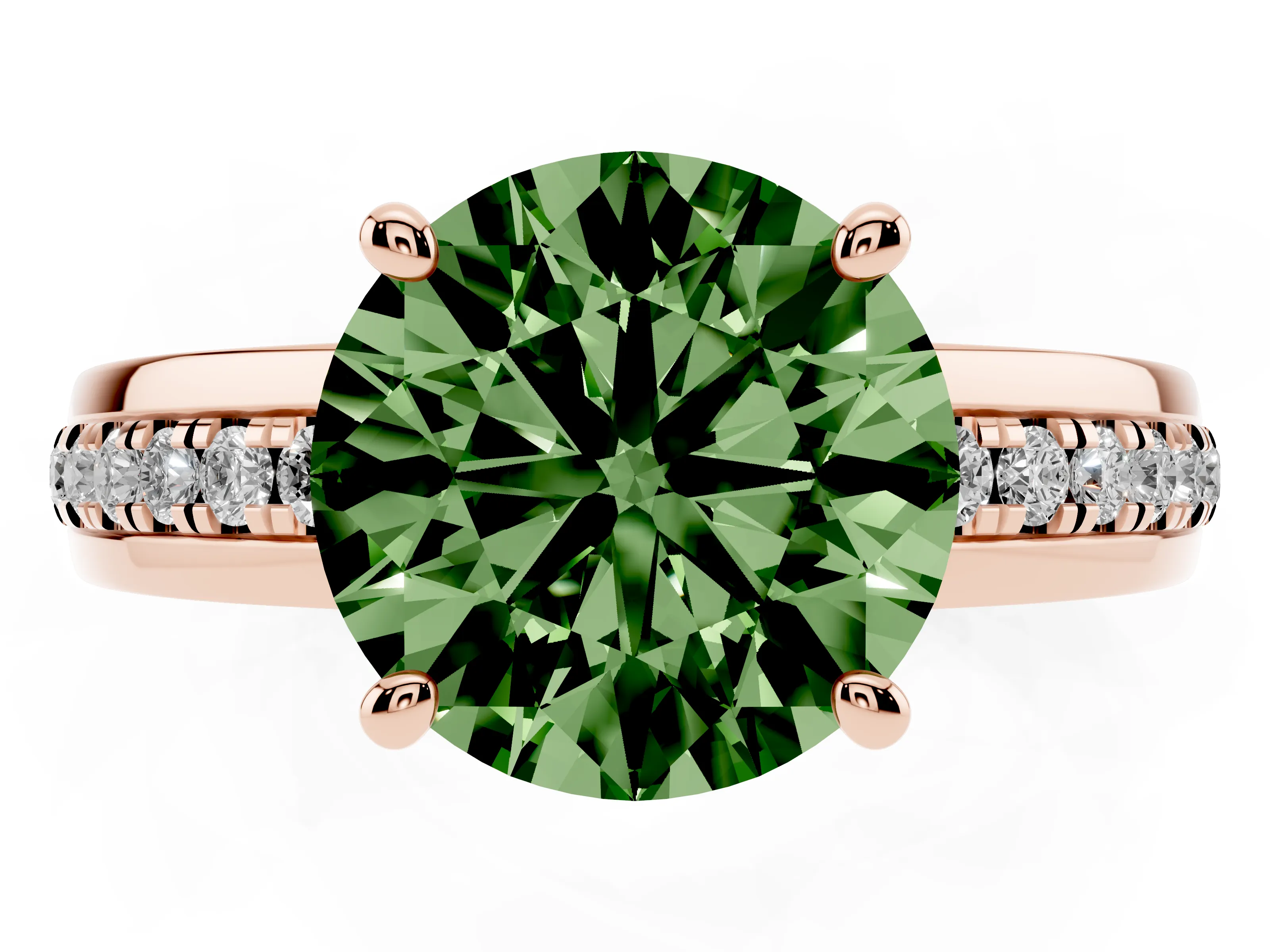 Fancy Green Round Cut Diamond Solitaire Ring Set in Rose gold with Channel Set Band and Prong Setting