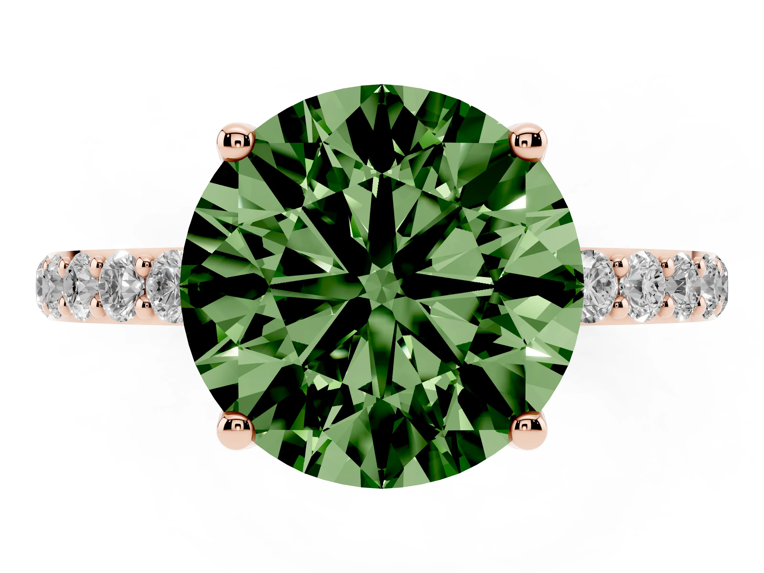 Fancy Green Round Cut Diamond Solitaire Engagement Ring Set in Rose gold with Round Pavé Band and Prong Setting