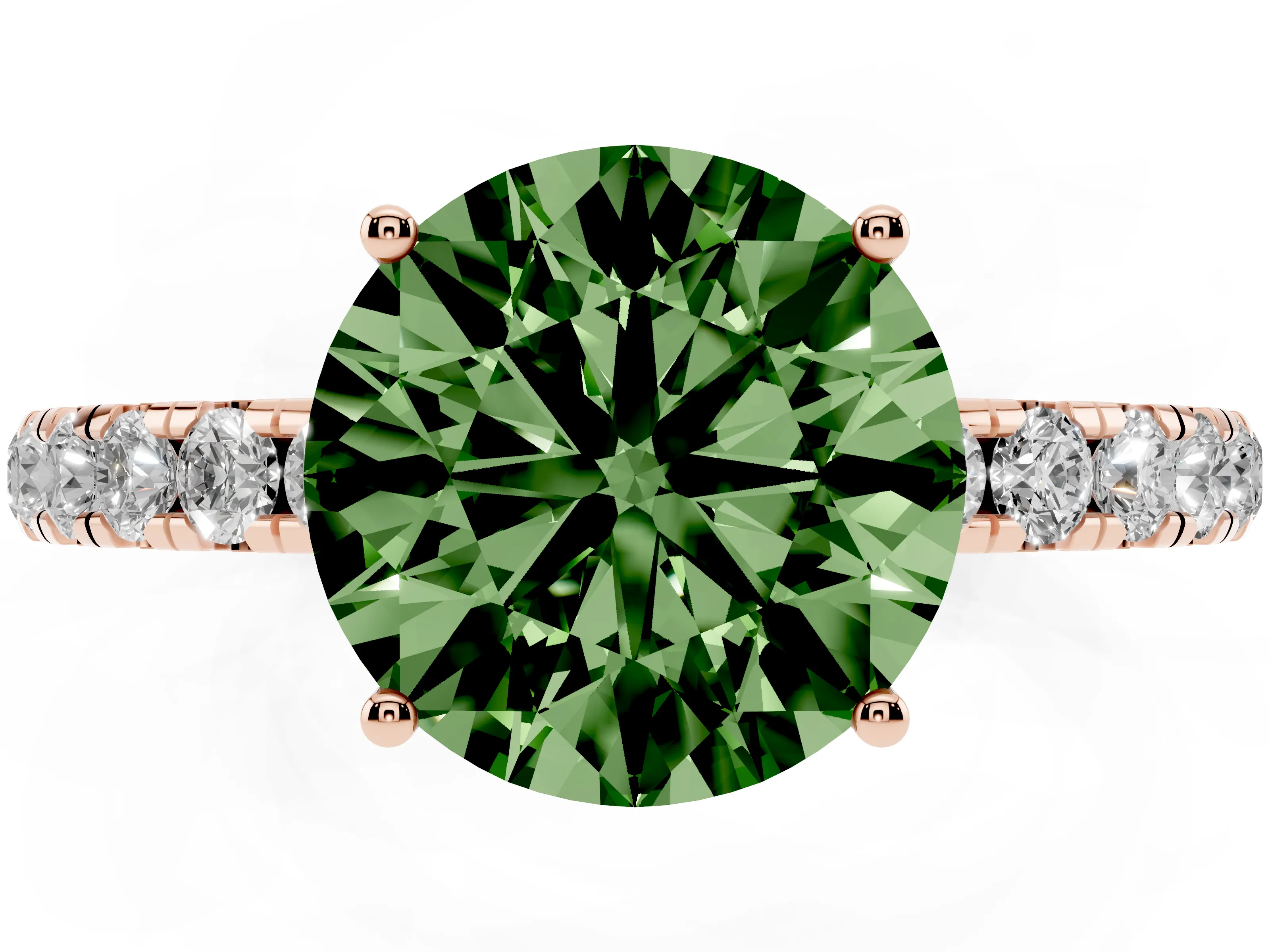 Fancy Green Round Cut Diamond Pavé Solitaire Engagement Ring Set in Rose gold with Prong Setting