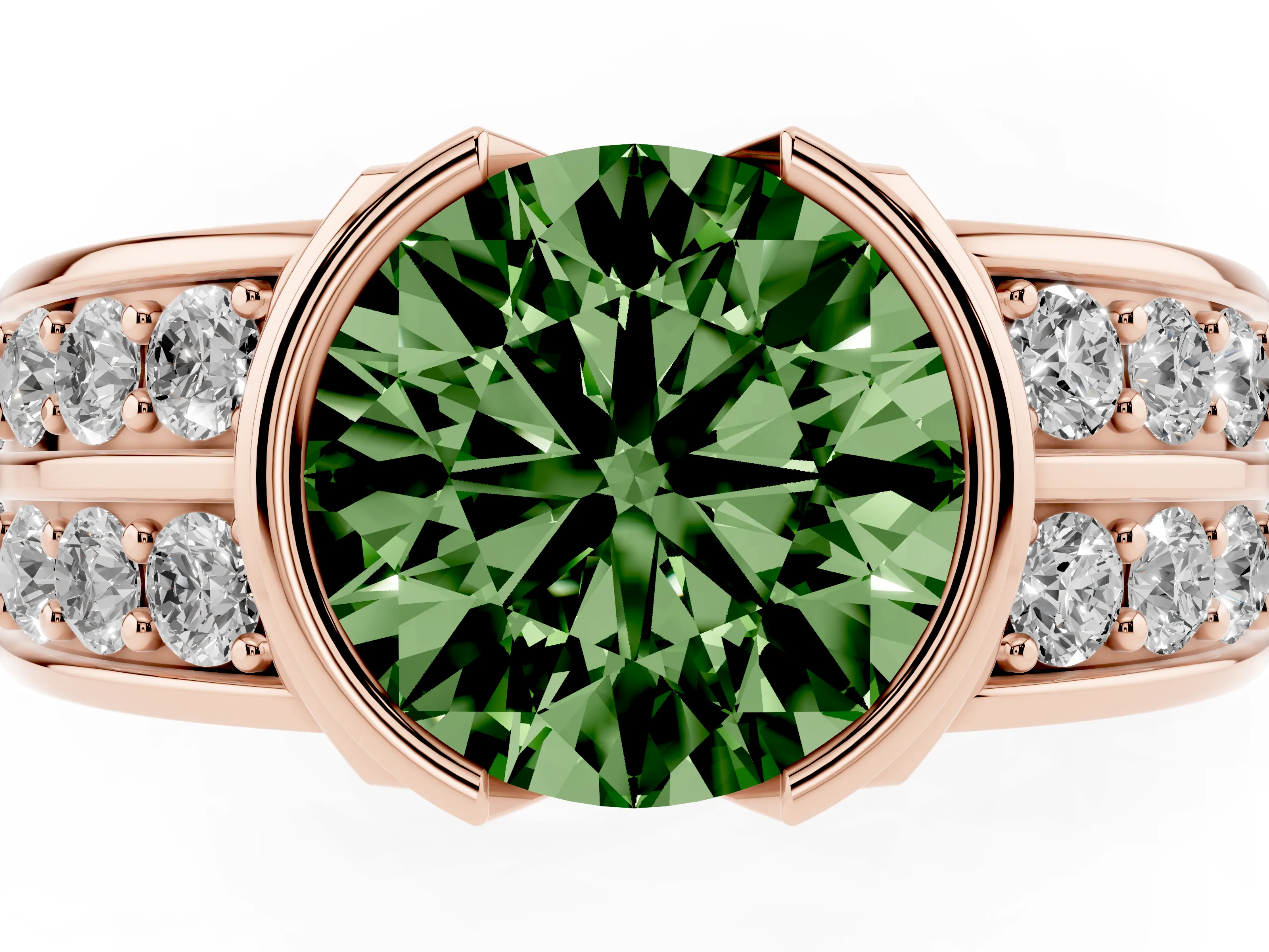 Fancy Green Round Cut Diamond Wide Channel Set Band Ring Set in Rose gold with Bezel Setting