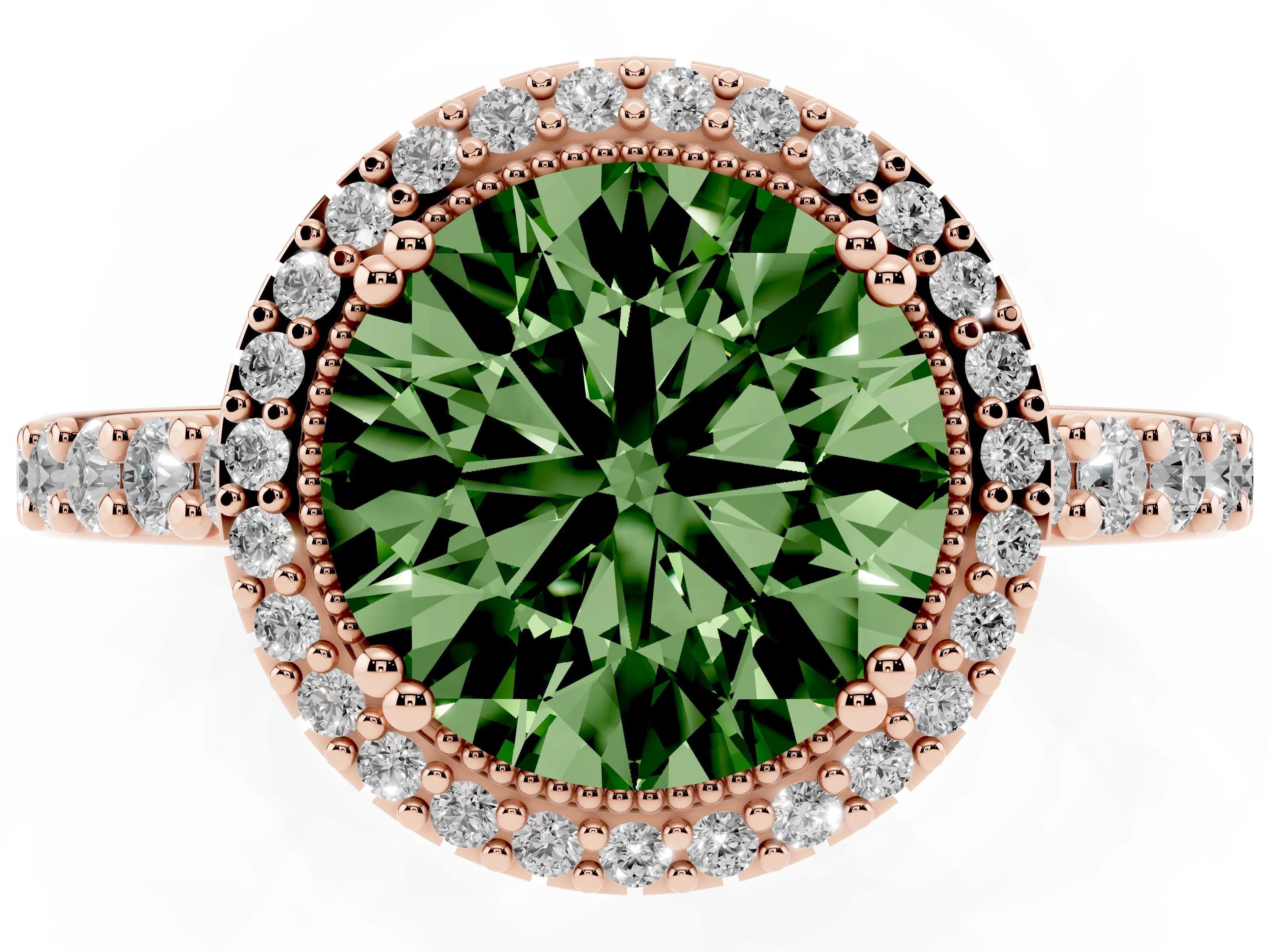 Fancy Green Round Cut Diamond Halo Engagement Ring Set in Rose gold with Milgrain Detail and Pavé Band