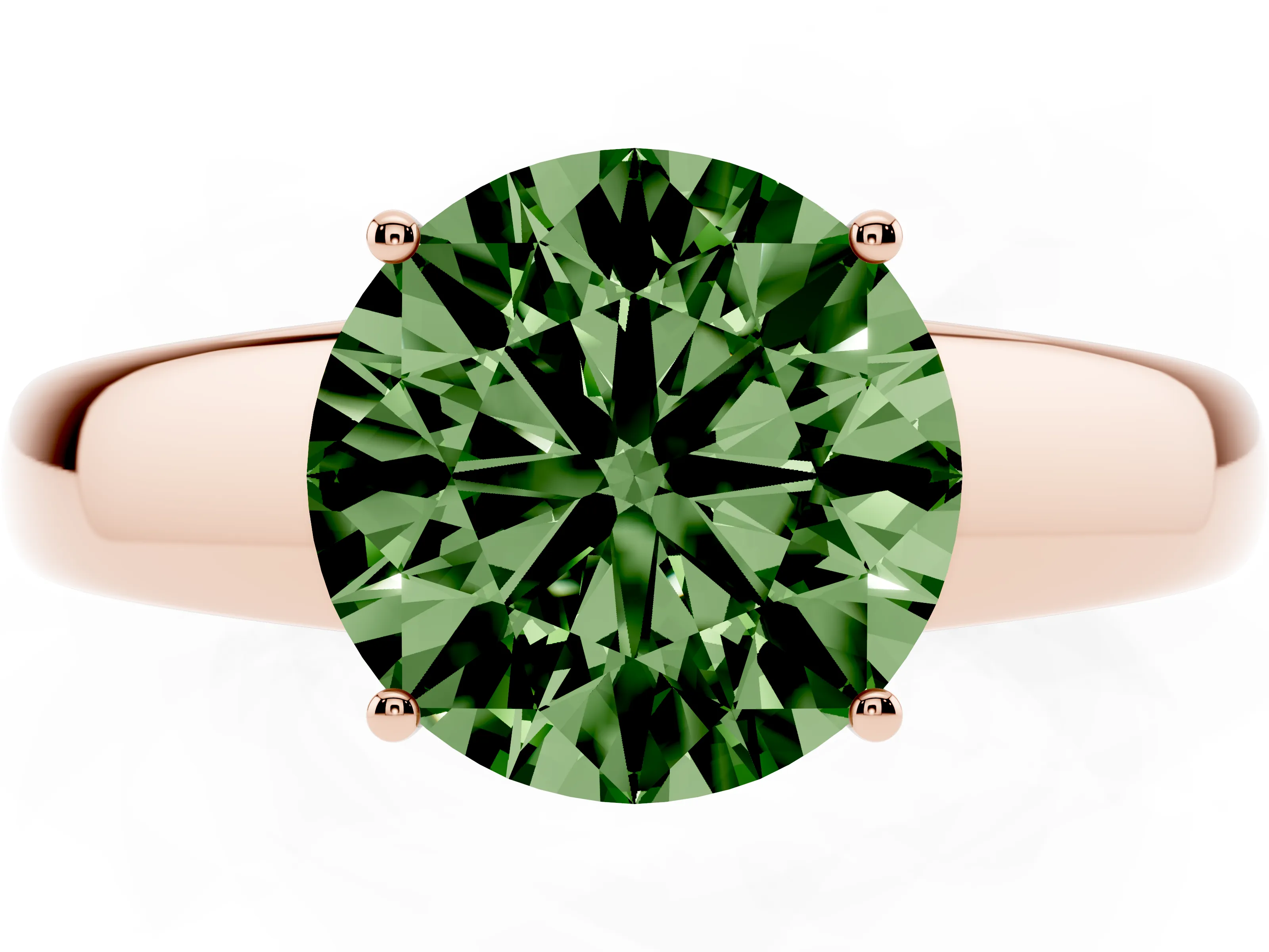 Fancy Green Round Cut Diamond Solitaire Ring Set in Rose gold with Tapered Band and Prong Setting