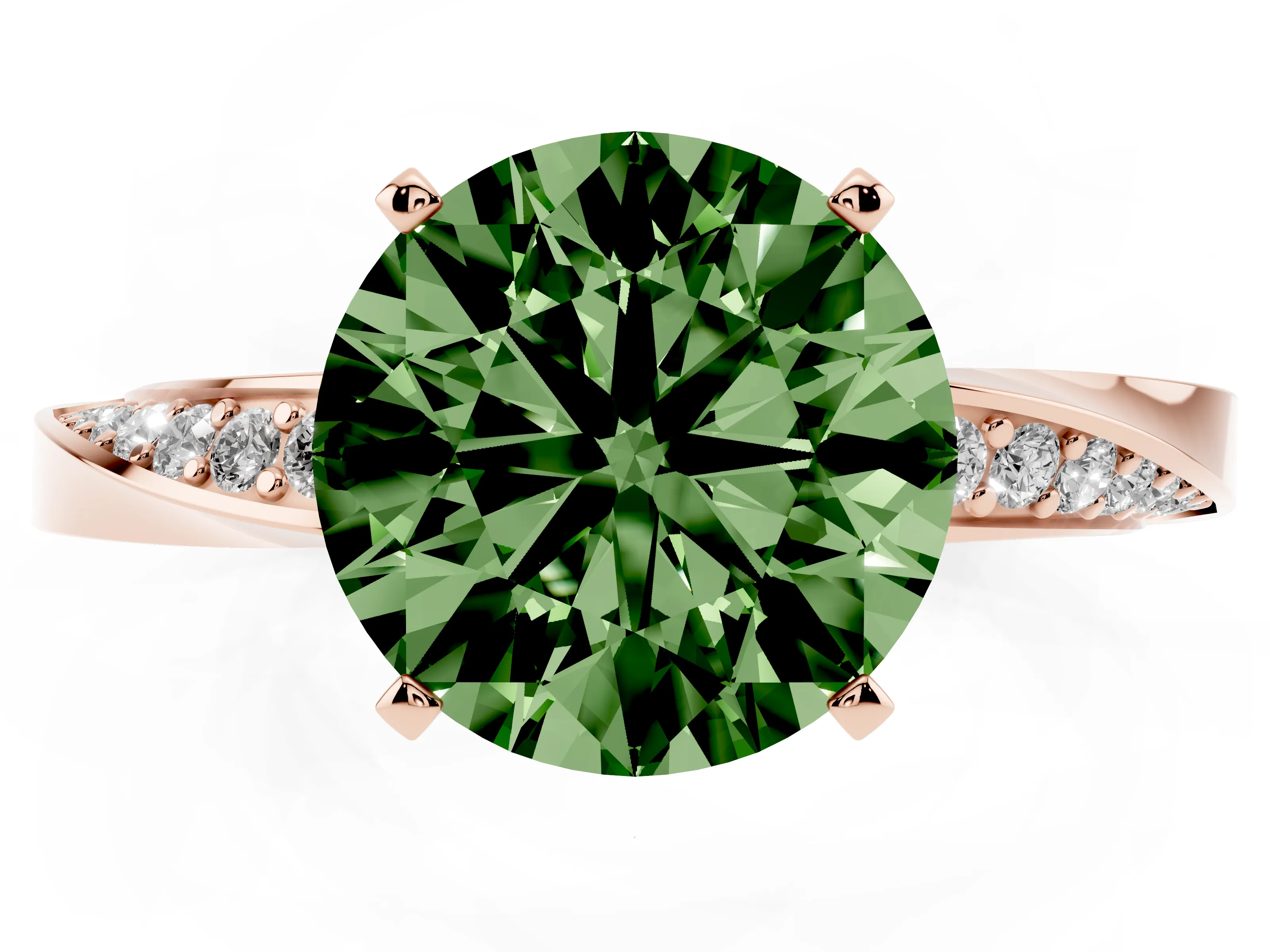 Fancy Green Round Cut Diamond Engagement Ring Set in Rose gold with Side Stone Accents and Prong Setting